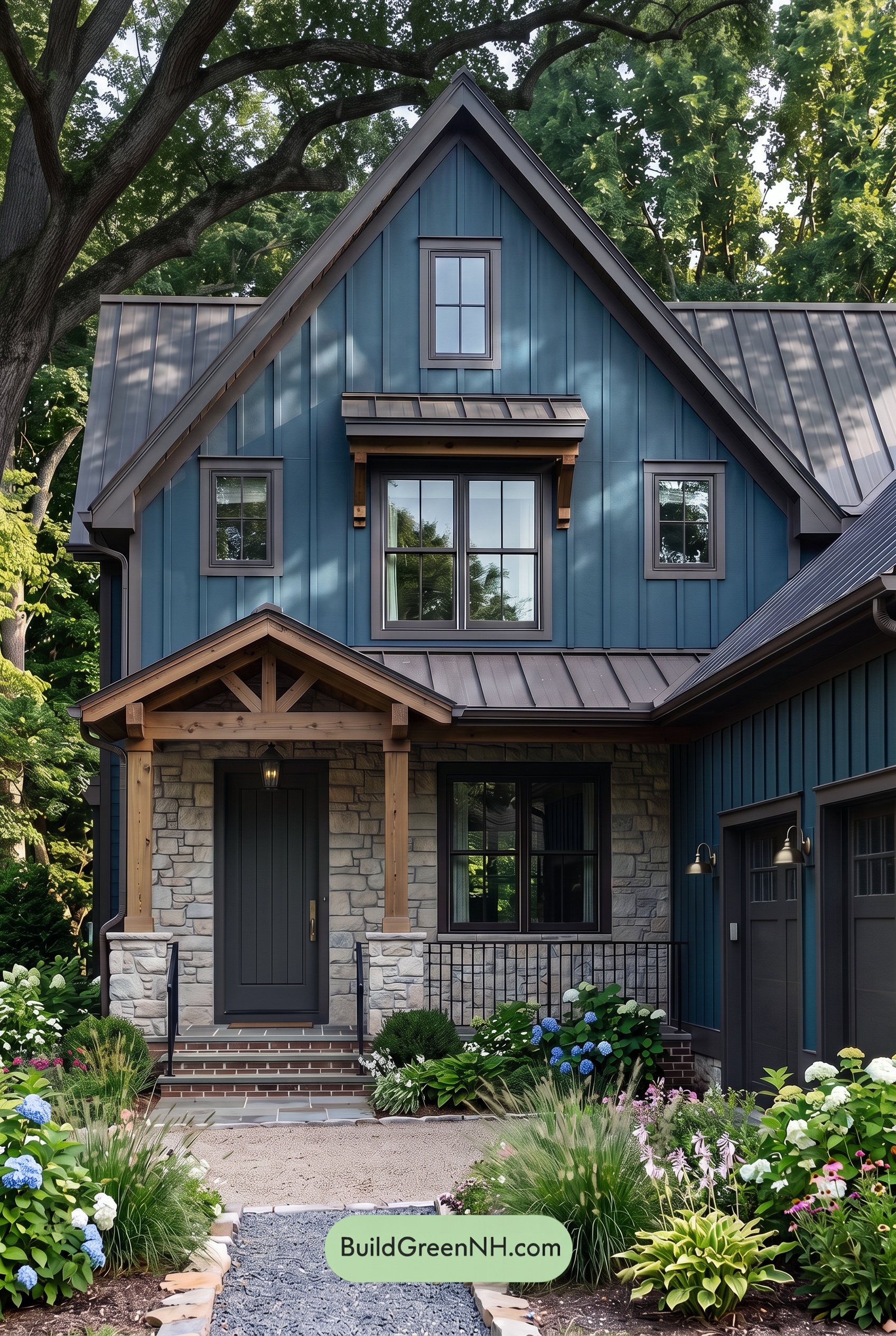 Dark Blue House Exterior with Wood Color Scheme: Blue Umber Poem - Shade