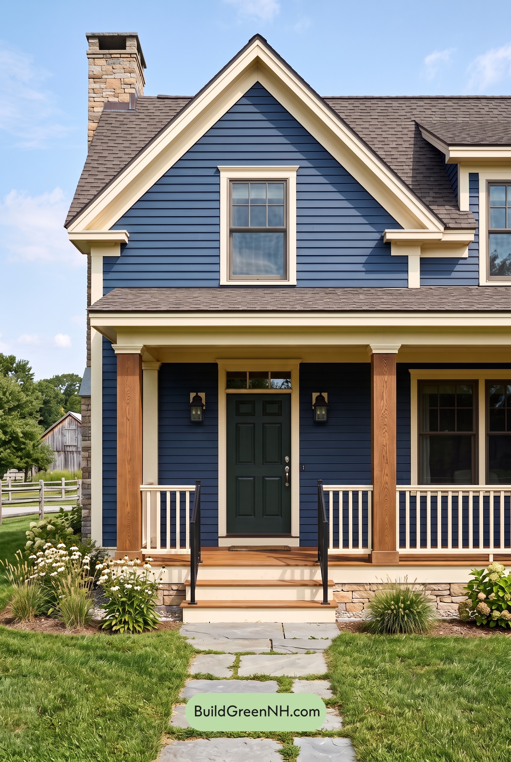 Dark Blue House Exterior with Wood Color Scheme: Cobalt Meadow Hearth