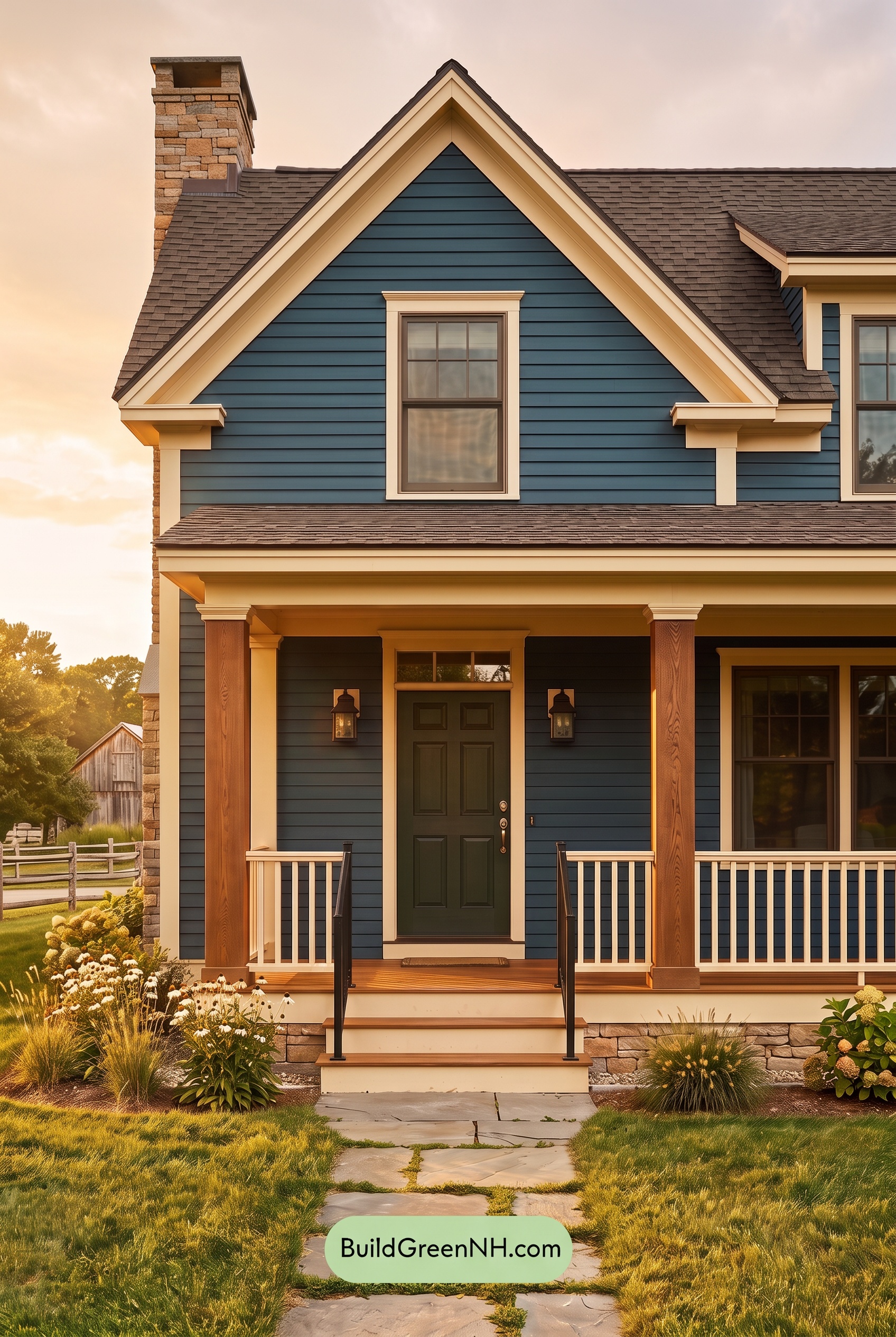 Dark Blue House Exterior with Wood Color Scheme: Cobalt Meadow Hearth - Golden Hour