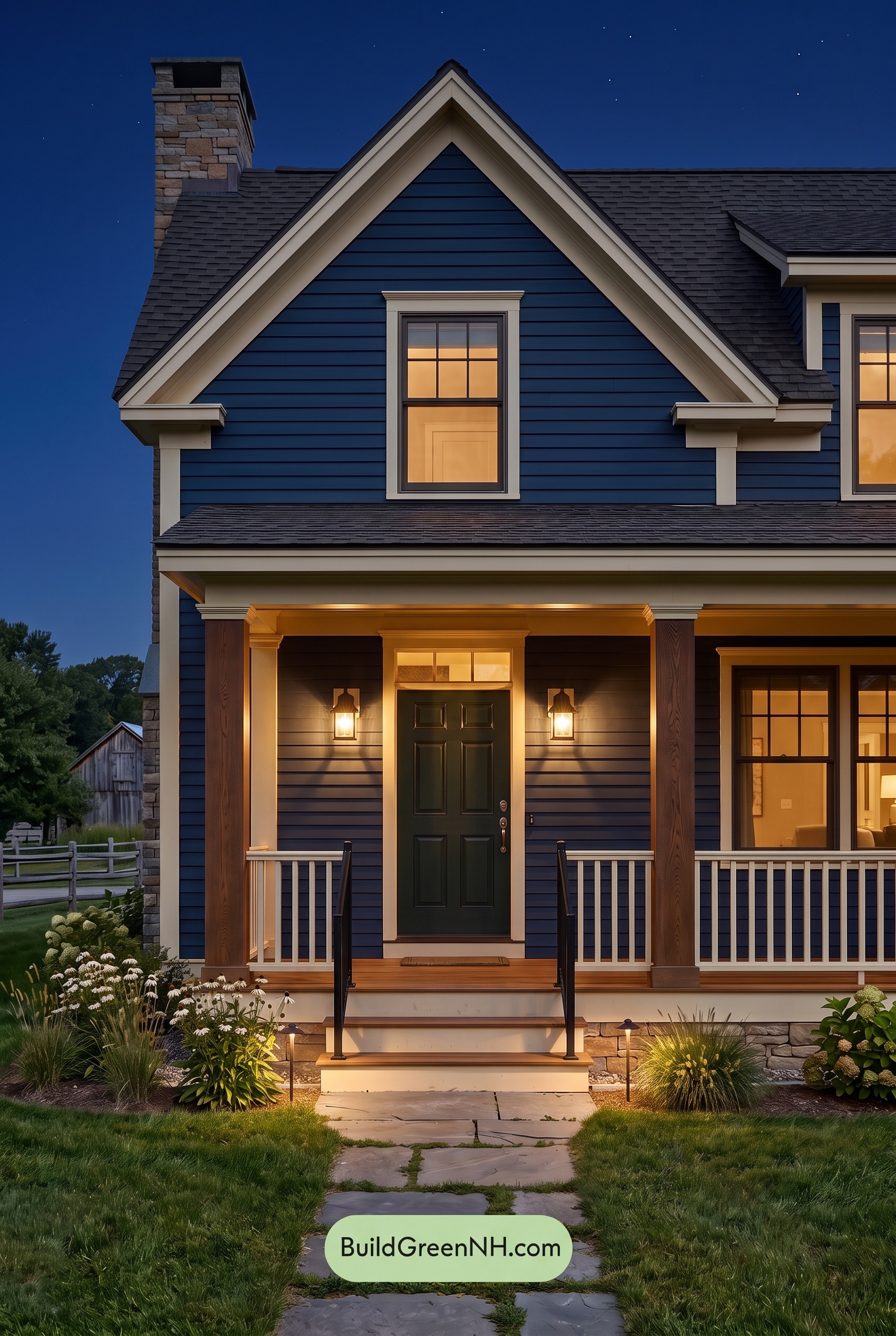 Dark Blue House Exterior with Wood Color Scheme: Cobalt Meadow Hearth - Nighttime