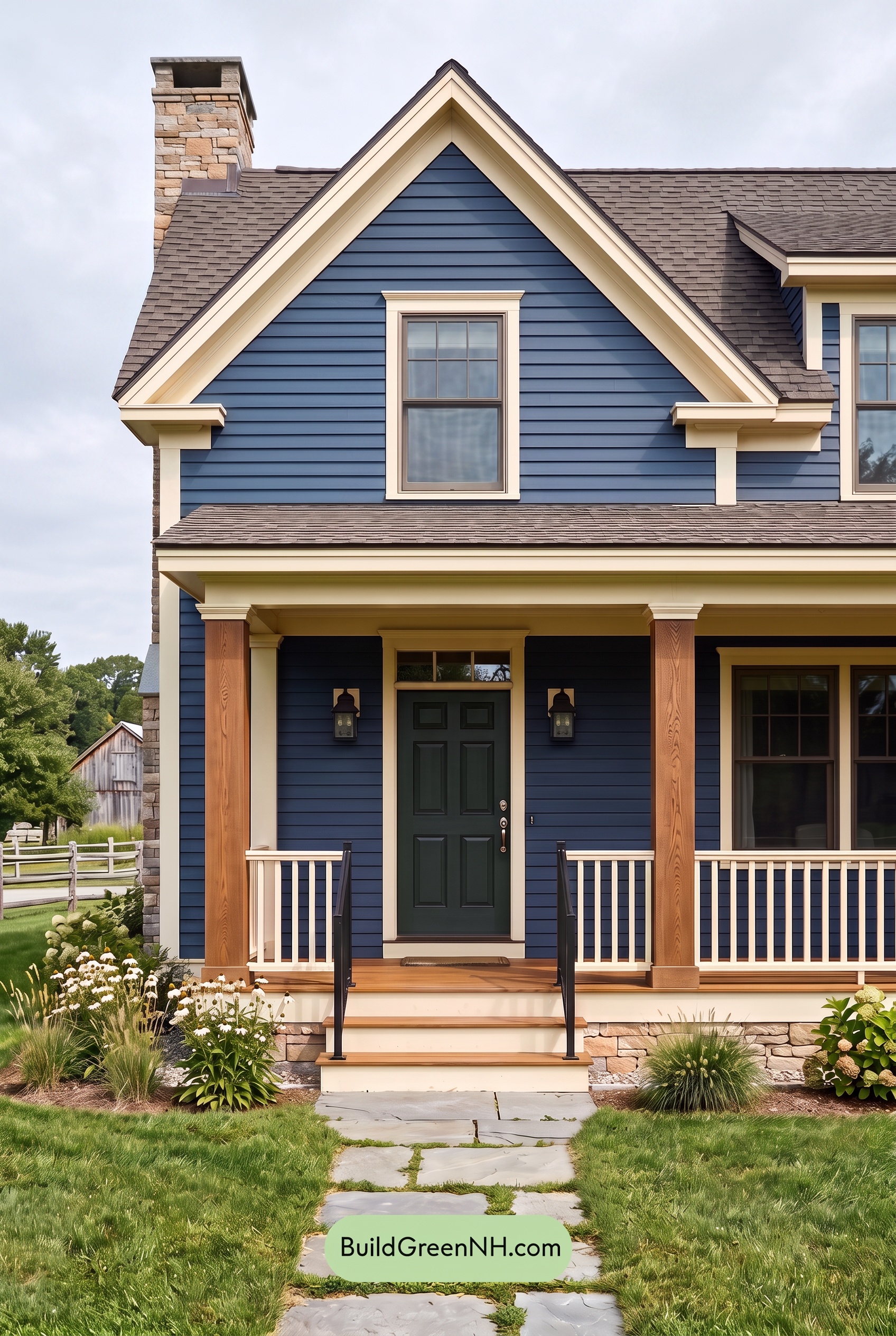 Dark Blue House Exterior with Wood Color Scheme: Cobalt Meadow Hearth - Overcast