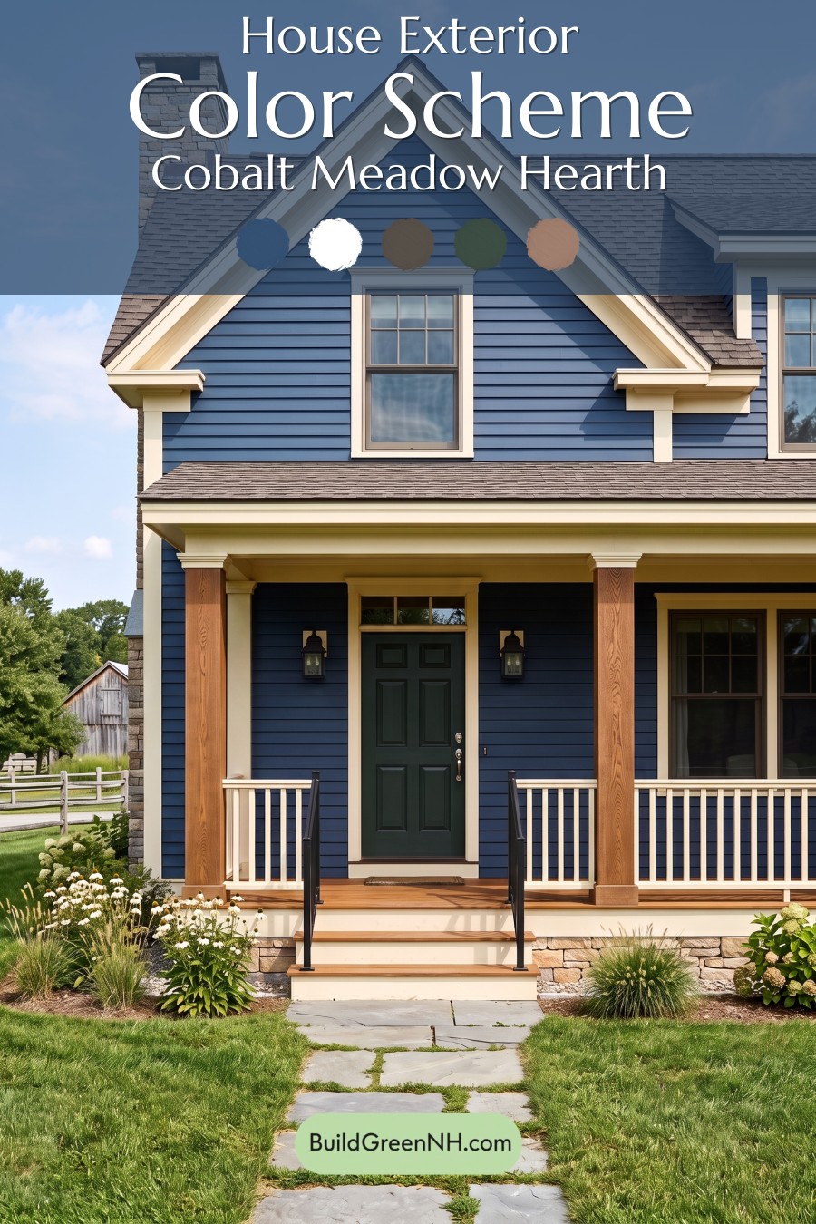 Dark Blue House Exterior with Wood Color Scheme: Cobalt Meadow Hearth