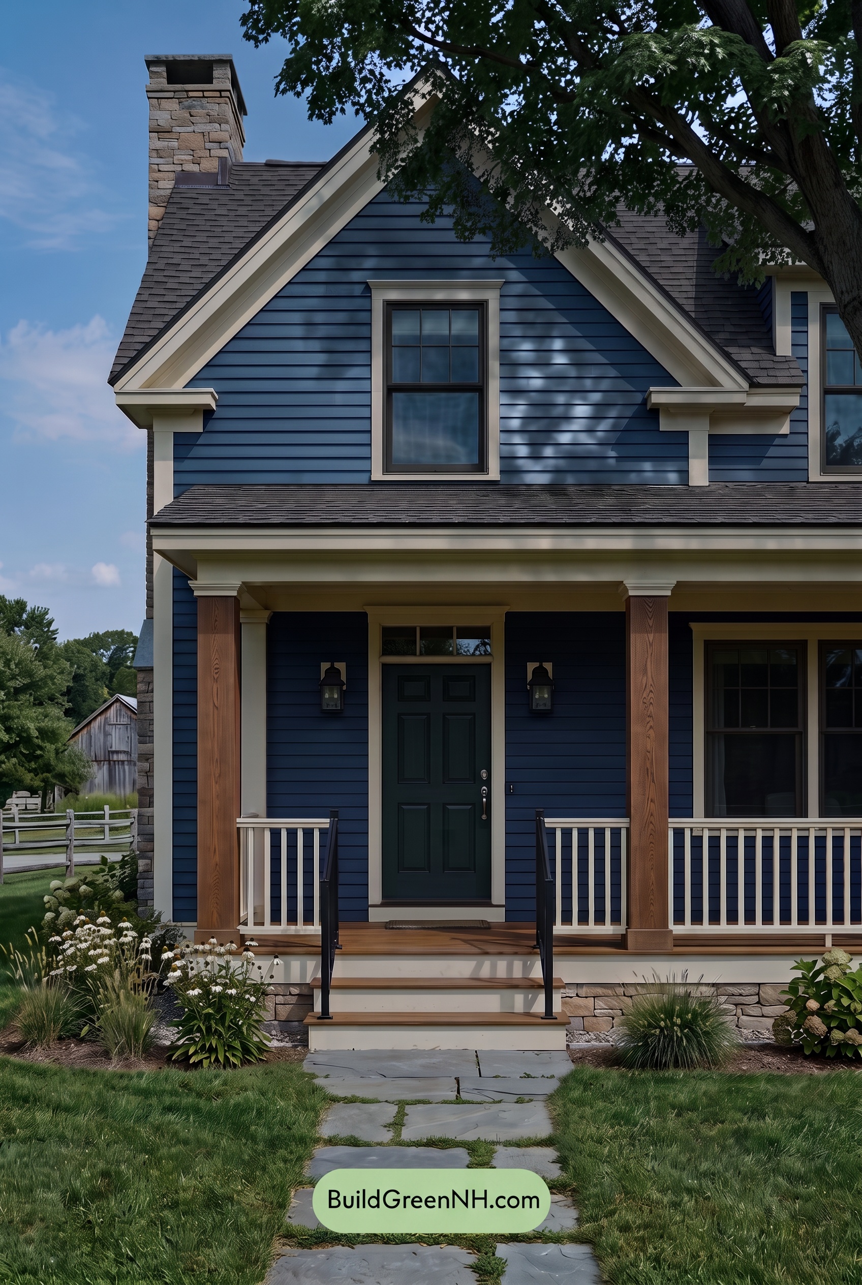 Dark Blue House Exterior with Wood Color Scheme: Cobalt Meadow Hearth - Shade