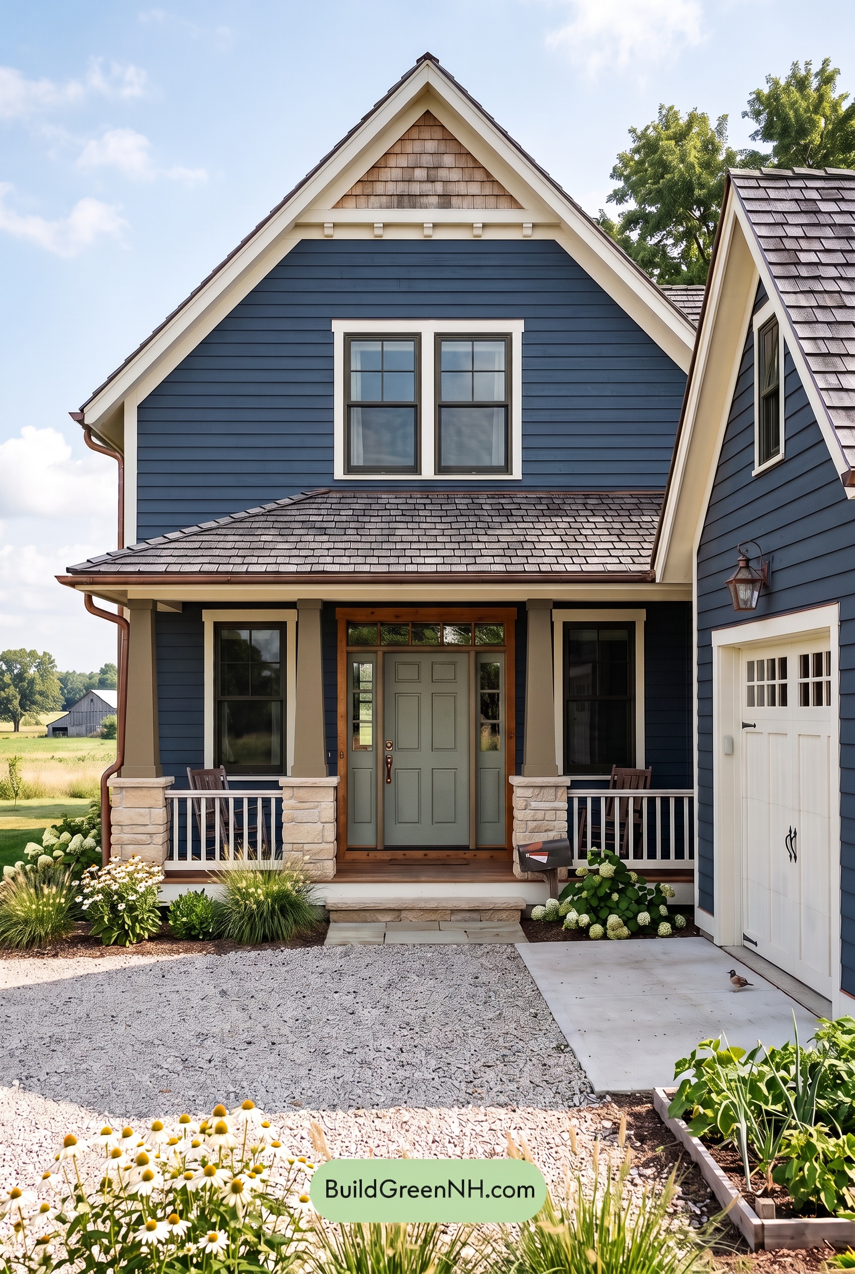 Dark Blue House Exterior with Wood Color Scheme: Dusk Chalk Welcome