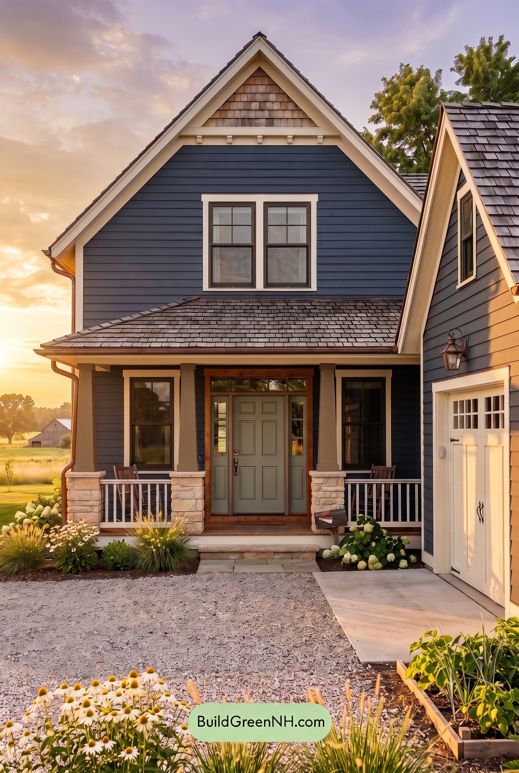 Dark Blue House Exterior with Wood Color Scheme: Dusk Chalk Welcome - Golden Hour