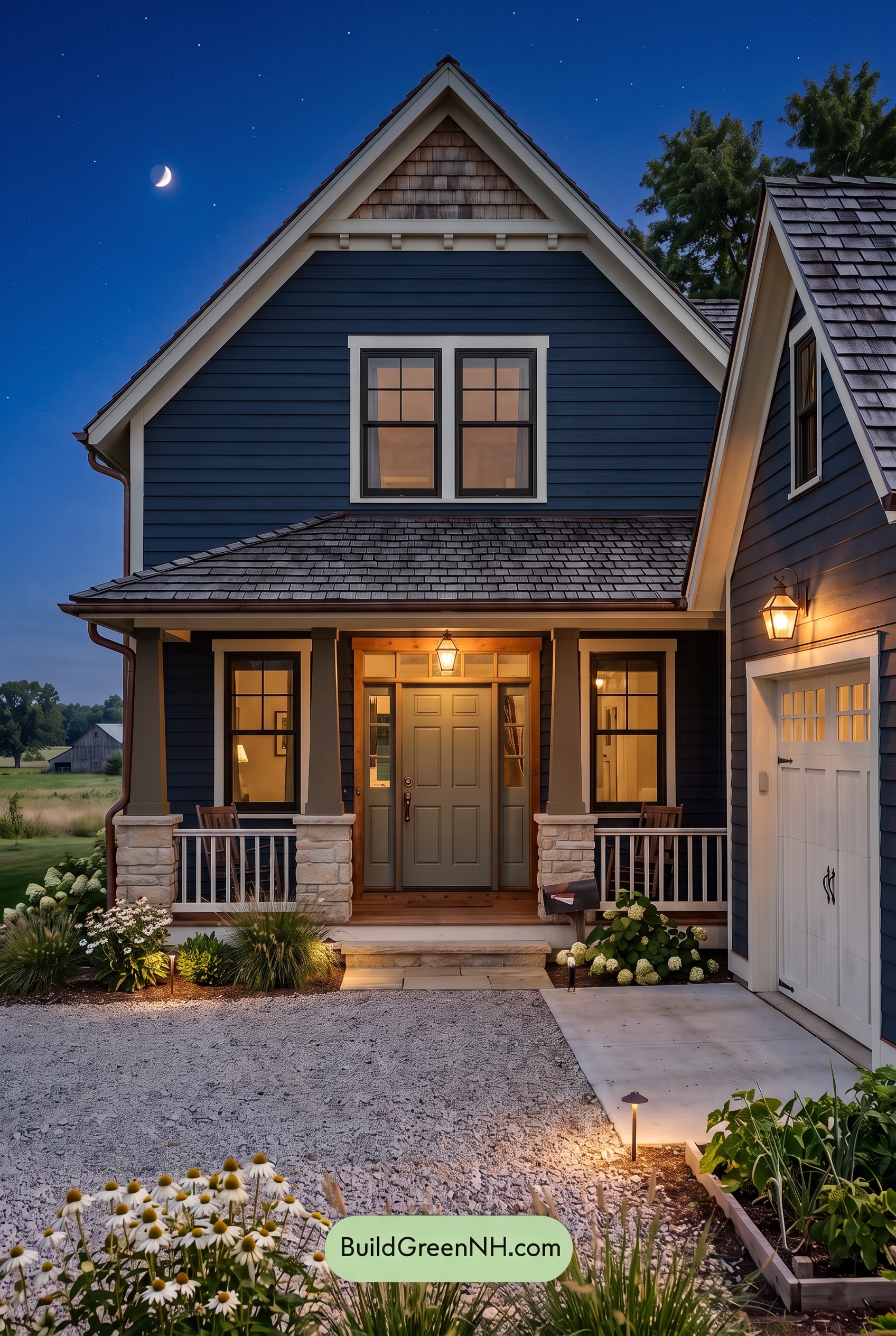 Dark Blue House Exterior with Wood Color Scheme: Dusk Chalk Welcome - Nighttime