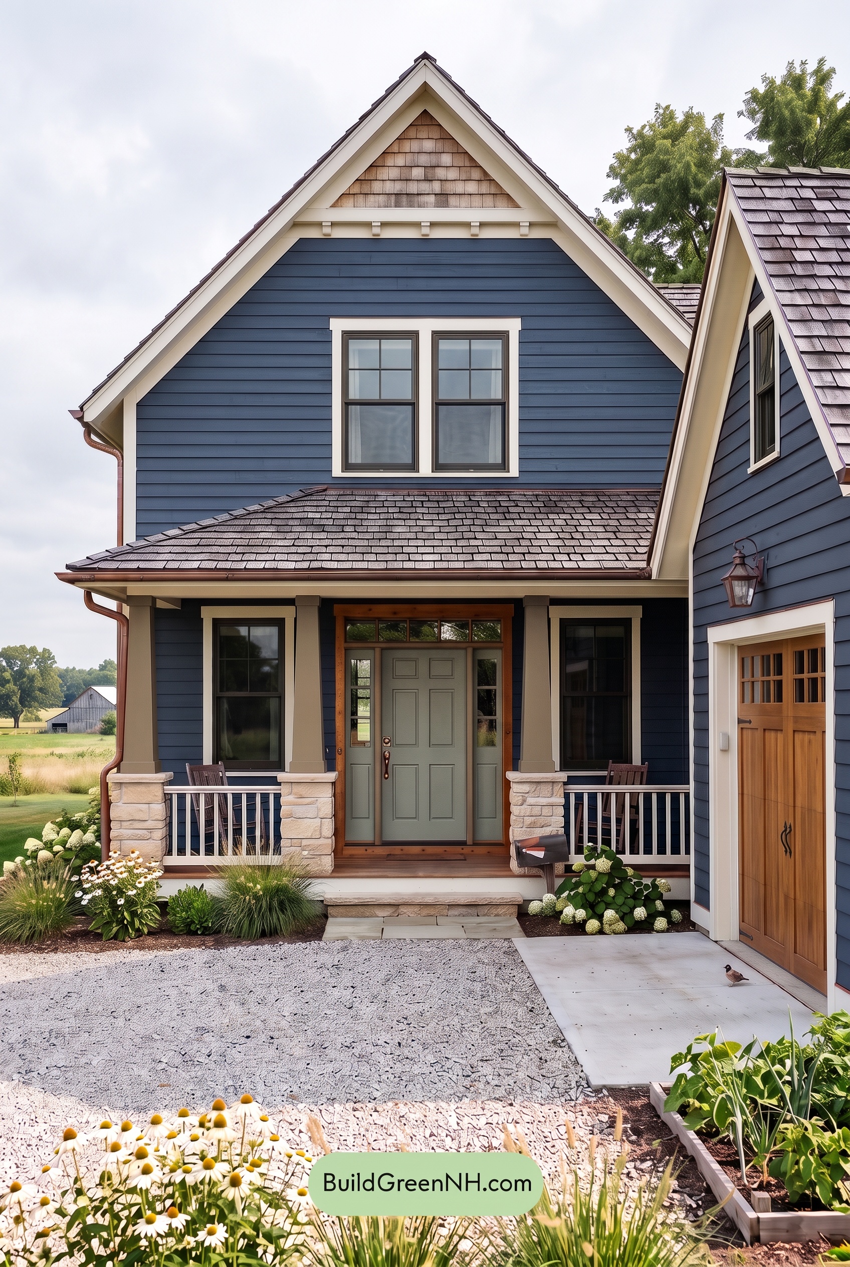 Dark Blue House Exterior with Wood Color Scheme: Dusk Chalk Welcome - Overcast