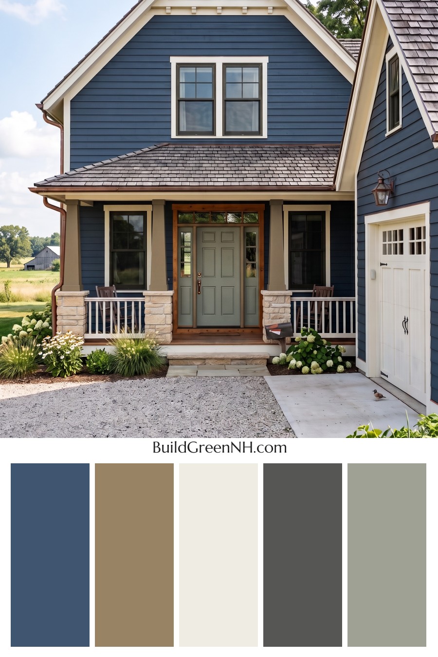 Dark Blue House Exterior with Wood Color Scheme: Dusk Chalk Welcome