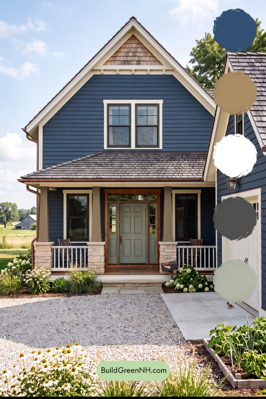 Dark Blue House Exterior with Wood Color Scheme: Dusk Chalk Welcome