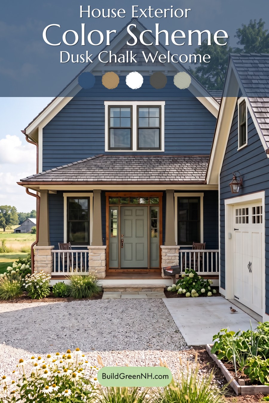 Dark Blue House Exterior with Wood Color Scheme: Dusk Chalk Welcome