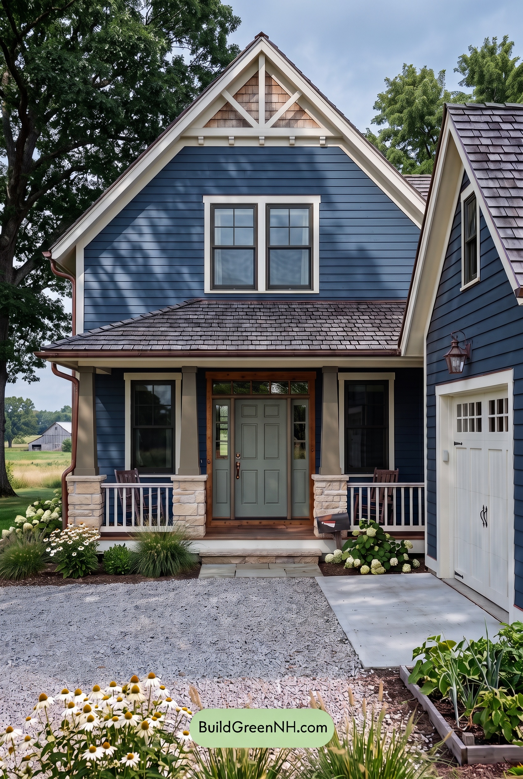 Dark Blue House Exterior with Wood Color Scheme: Dusk Chalk Welcome - Shade