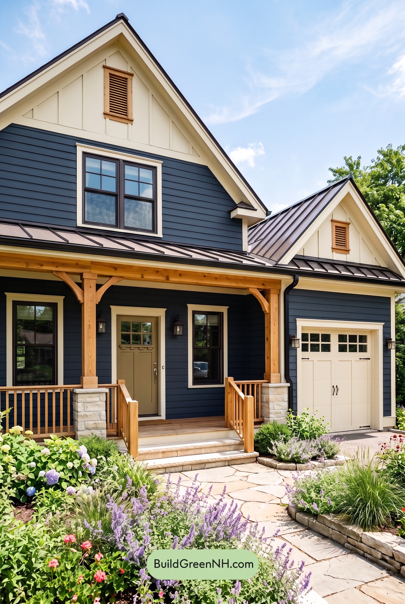 Dark Blue House Exterior with Wood Color Scheme: Harbor Cream Lantern