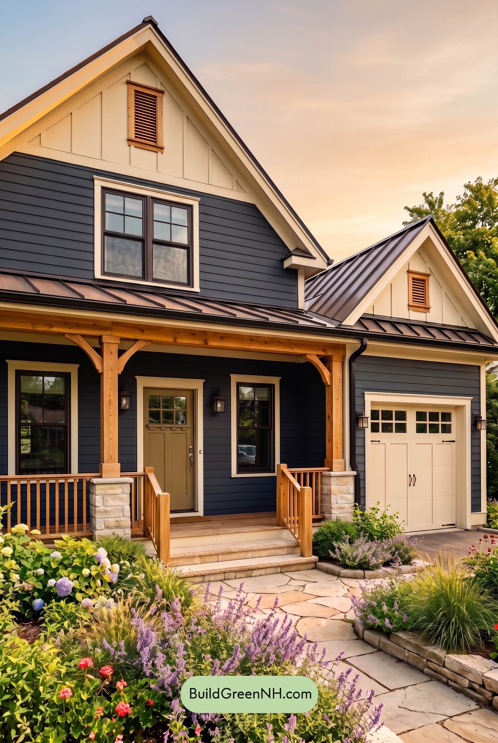 Dark Blue House Exterior with Wood Color Scheme: Harbor Cream Lantern - Golden Hour