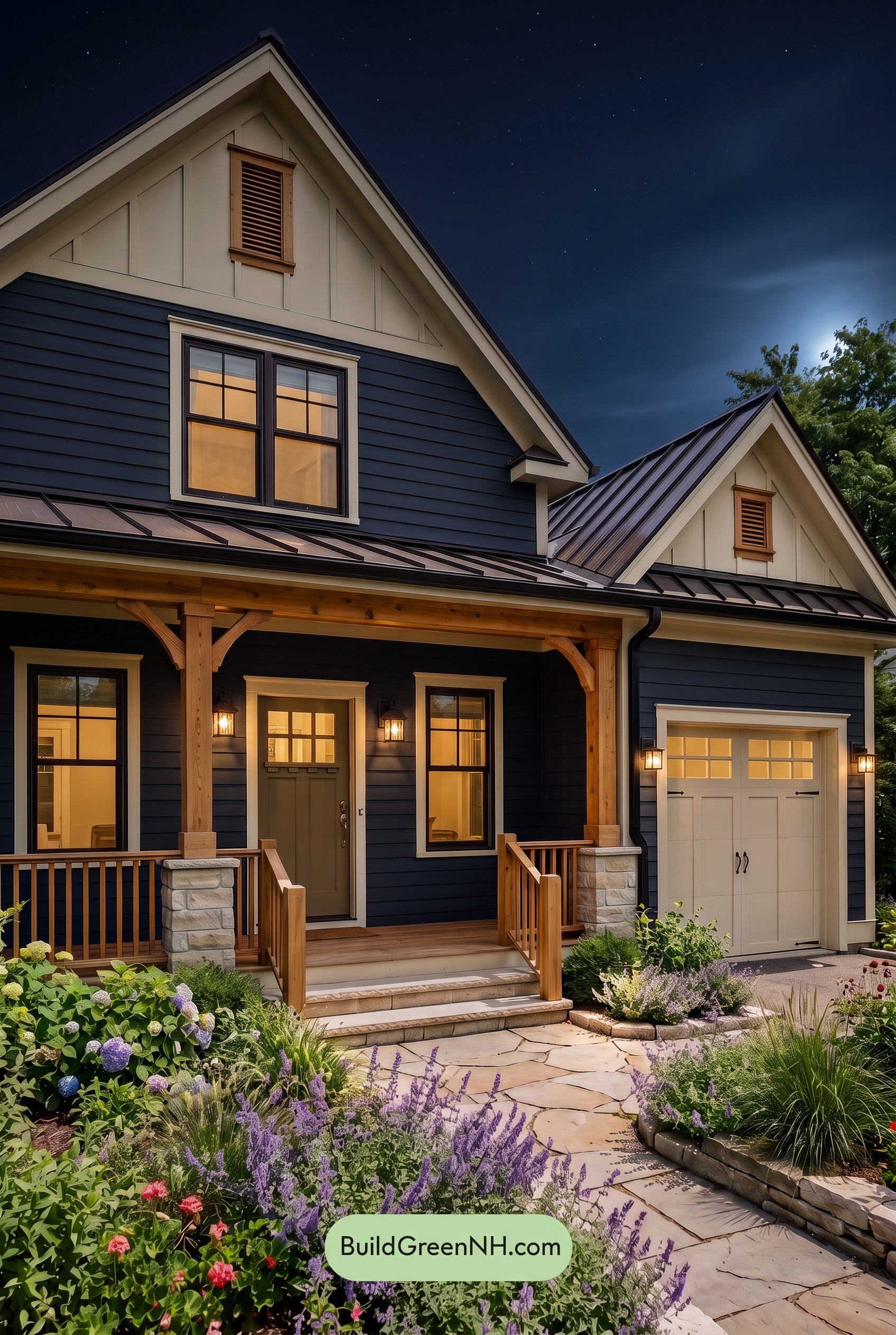 Dark Blue House Exterior with Wood Color Scheme: Harbor Cream Lantern - Nighttime