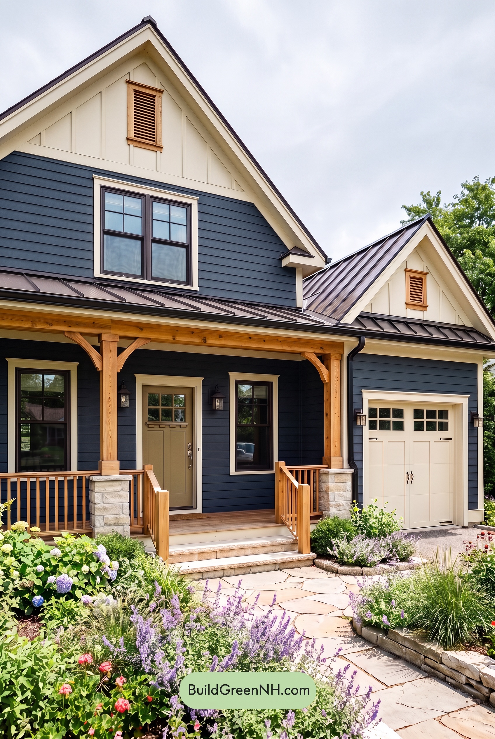 Dark Blue House Exterior with Wood Color Scheme: Harbor Cream Lantern - Overcast