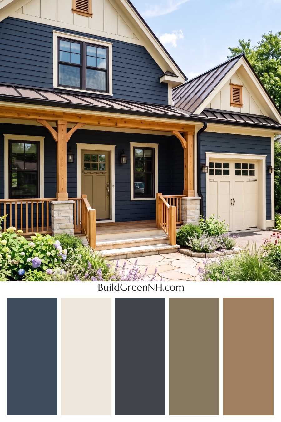Dark Blue House Exterior with Wood Color Scheme: Harbor Cream Lantern