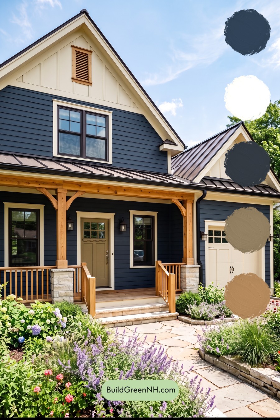 Dark Blue House Exterior with Wood Color Scheme: Harbor Cream Lantern