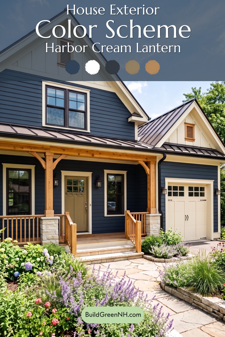 Dark Blue House Exterior with Wood Color Scheme: Harbor Cream Lantern