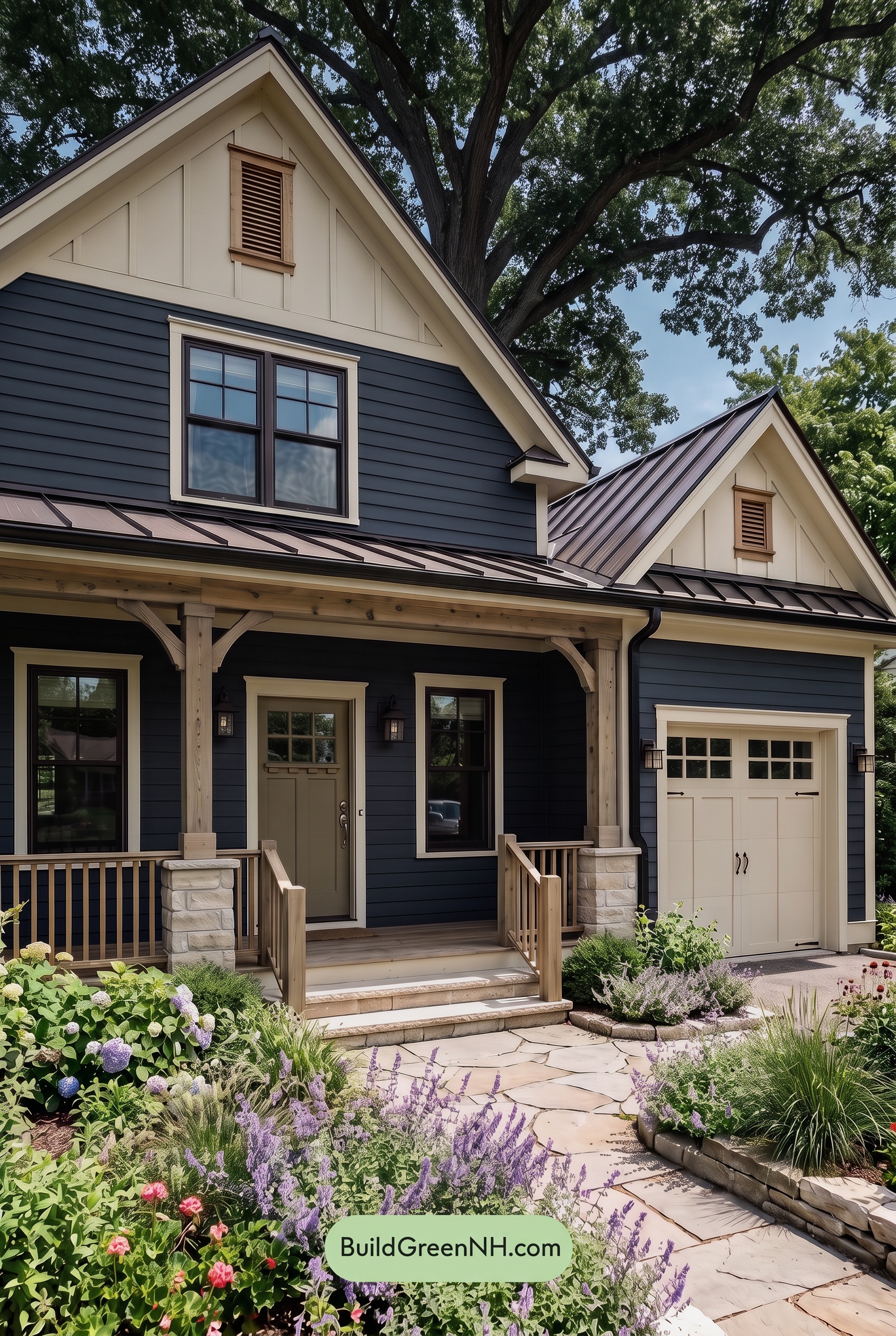 Dark Blue House Exterior with Wood Color Scheme: Harbor Cream Lantern - Shade
