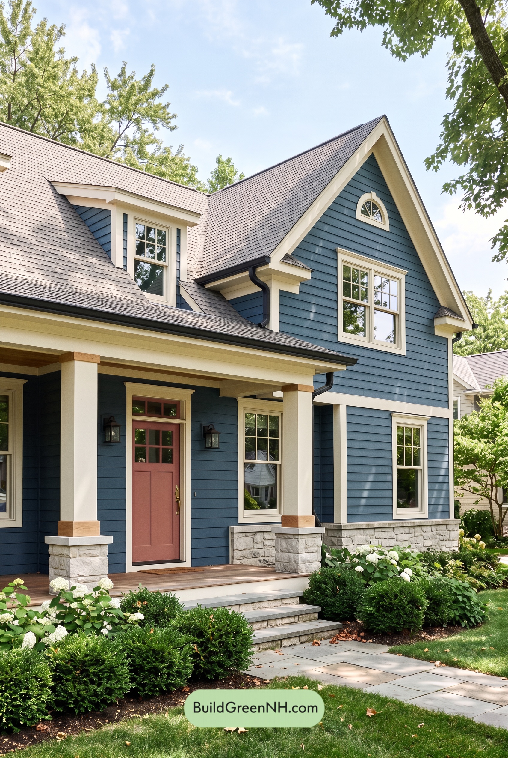 Dark Blue House Exterior with Wood Color Scheme: Harbor Linen Porch