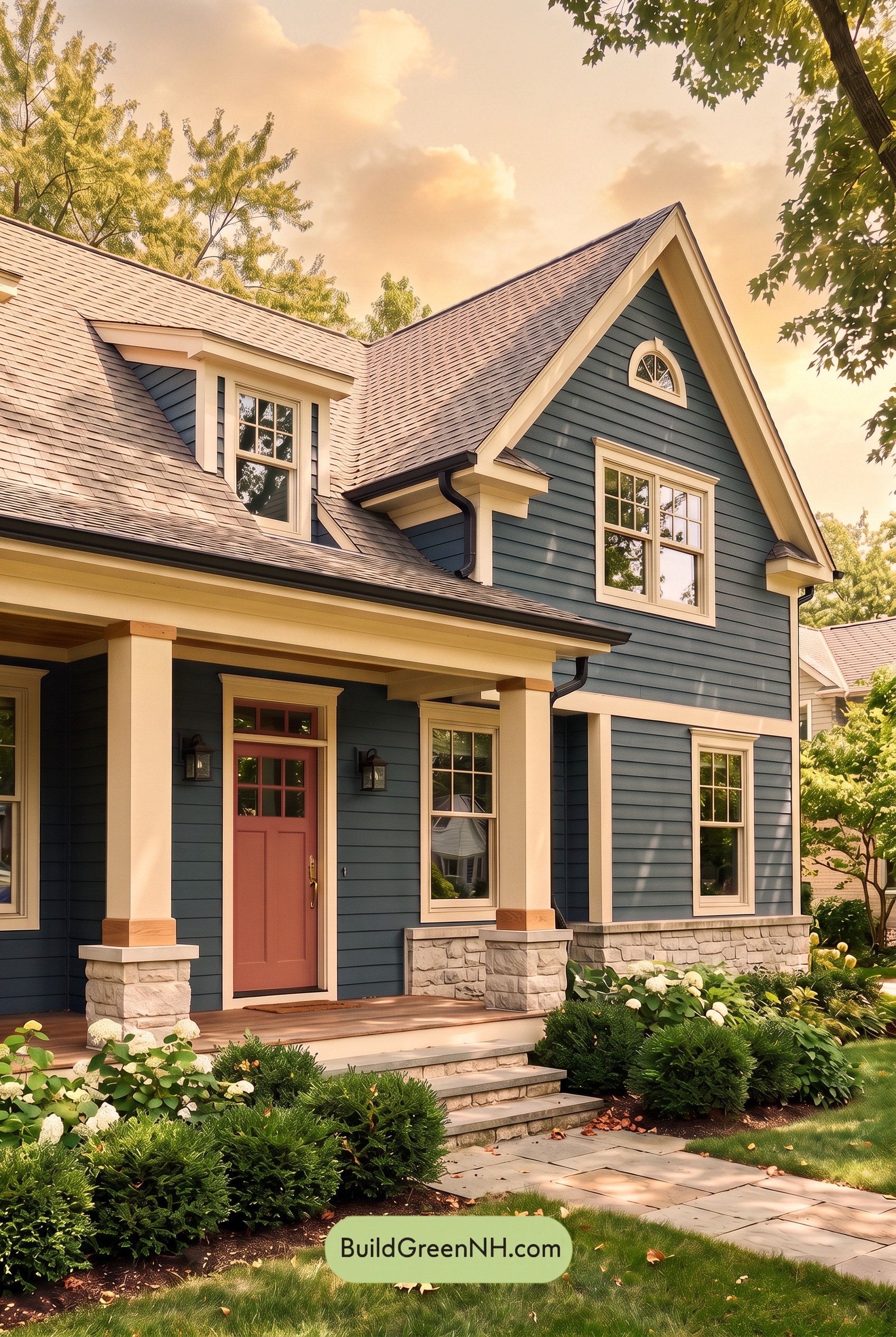 Dark Blue House Exterior with Wood Color Scheme: Harbor Linen Porch - Golden Hour