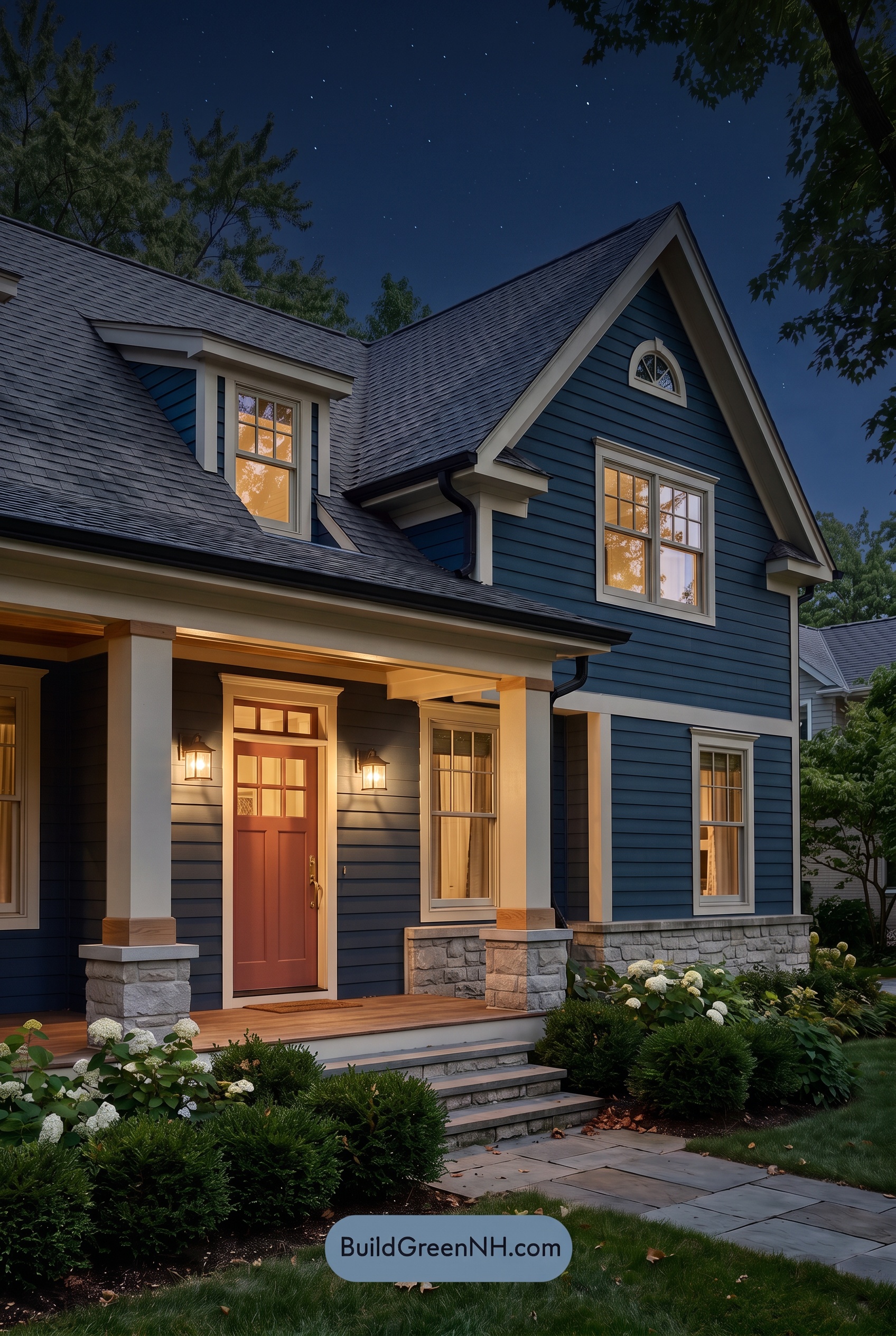 Dark Blue House Exterior with Wood Color Scheme: Harbor Linen Porch - Nighttime