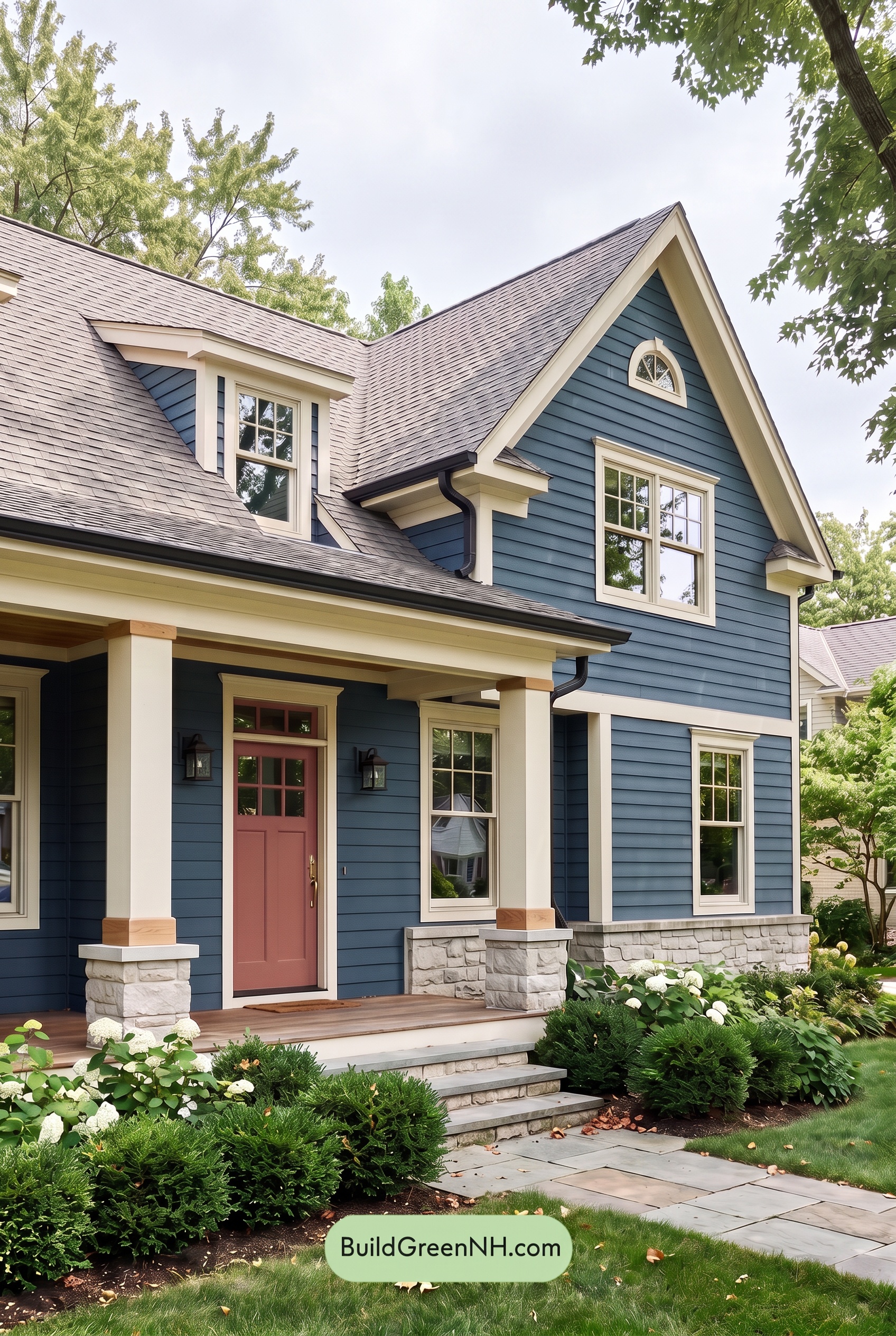 Dark Blue House Exterior with Wood Color Scheme: Harbor Linen Porch - Overcast