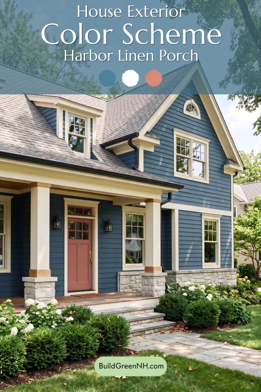 Dark Blue House Exterior with Wood Color Scheme: Harbor Linen Porch