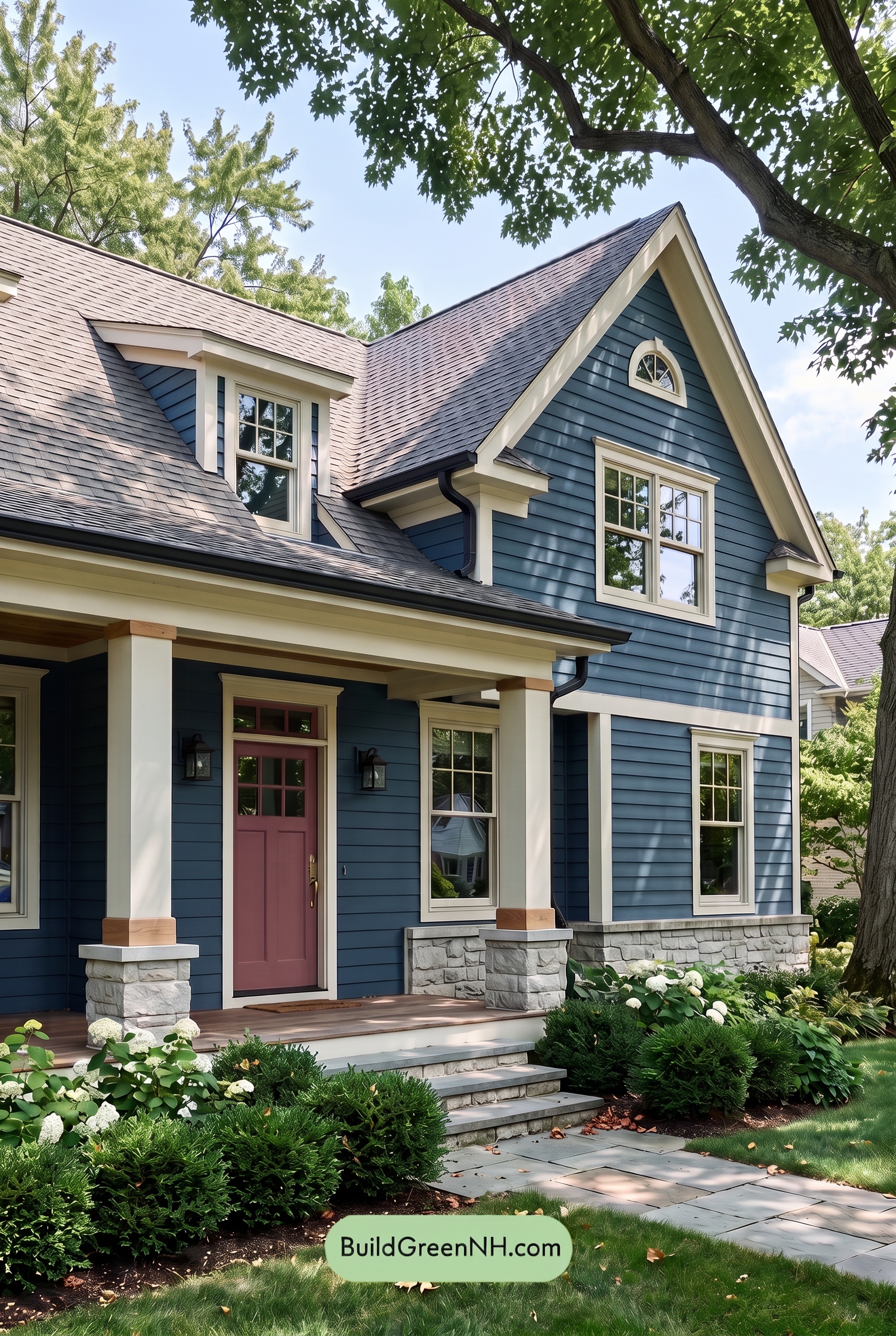 Dark Blue House Exterior with Wood Color Scheme: Harbor Linen Porch - Shade