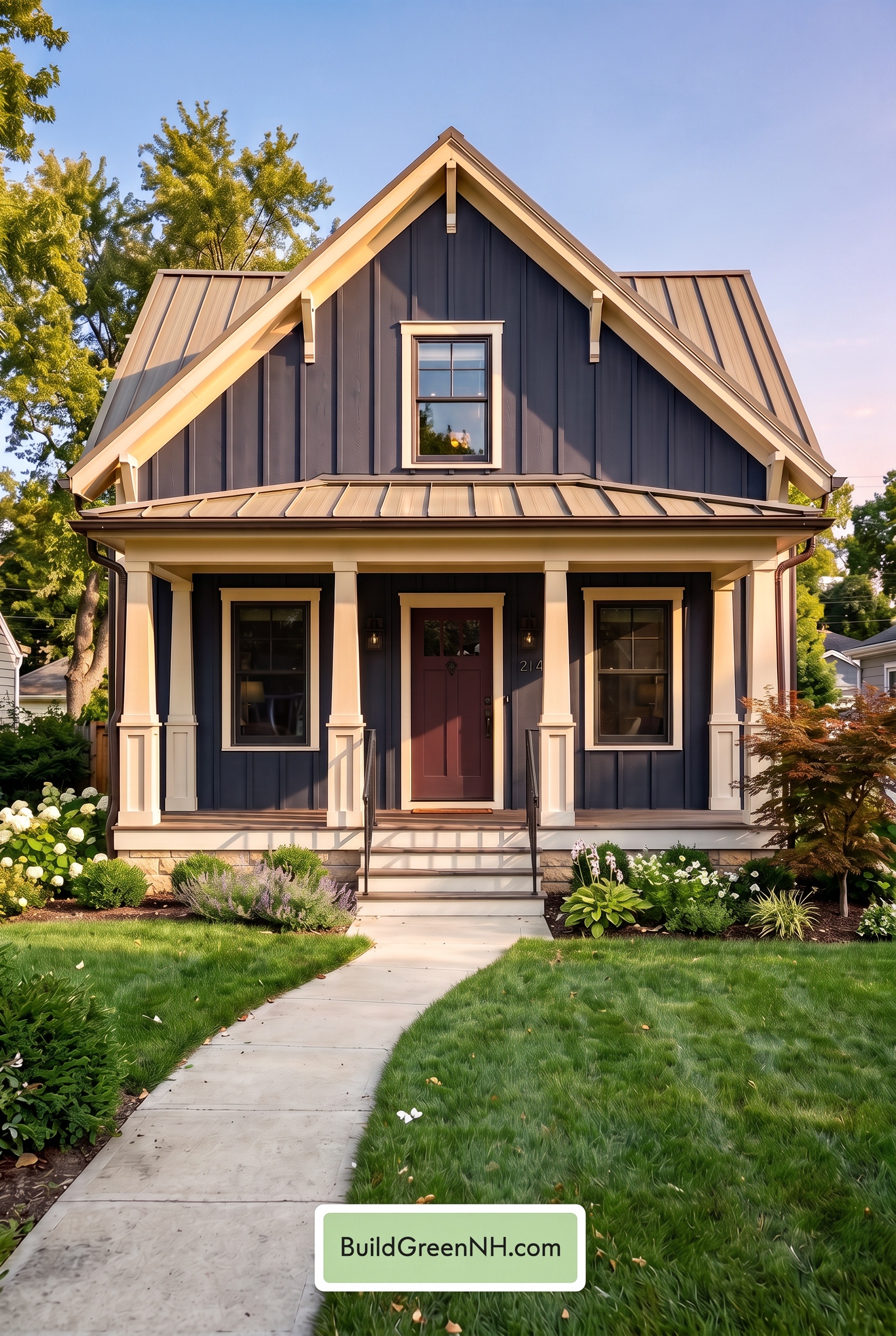 Dark Blue House Exterior with Wood Color Scheme: Indigo Picket Hour - Golden Hour