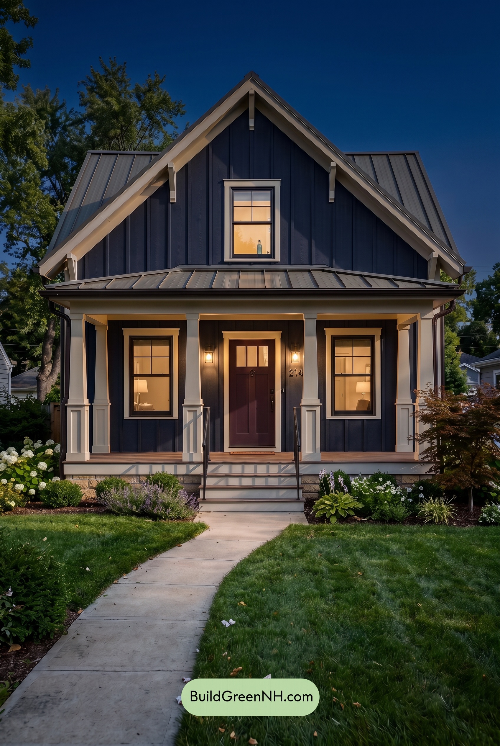 Dark Blue House Exterior with Wood Color Scheme: Indigo Picket Hour - Nighttime