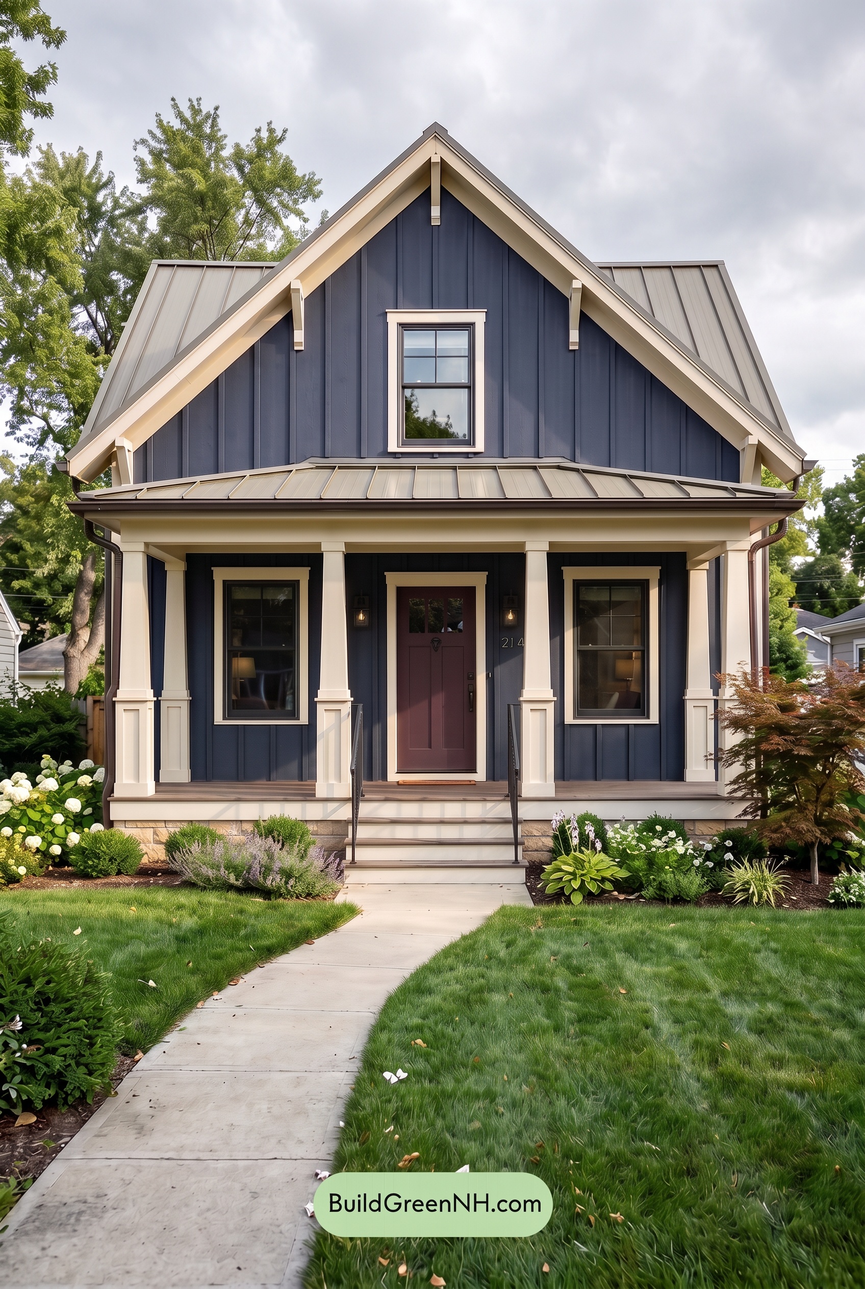 Dark Blue House Exterior with Wood Color Scheme: Indigo Picket Hour - Overcast