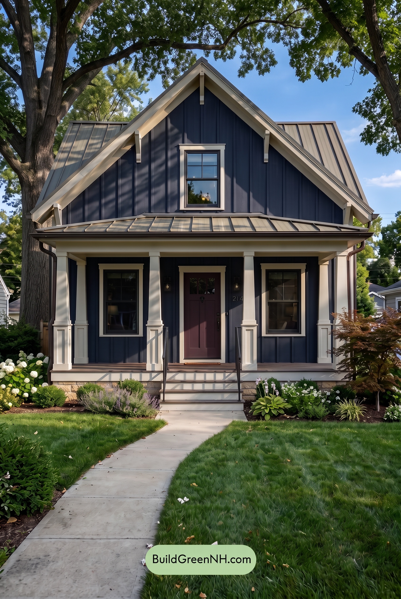 Dark Blue House Exterior with Wood Color Scheme: Indigo Picket Hour - Shade