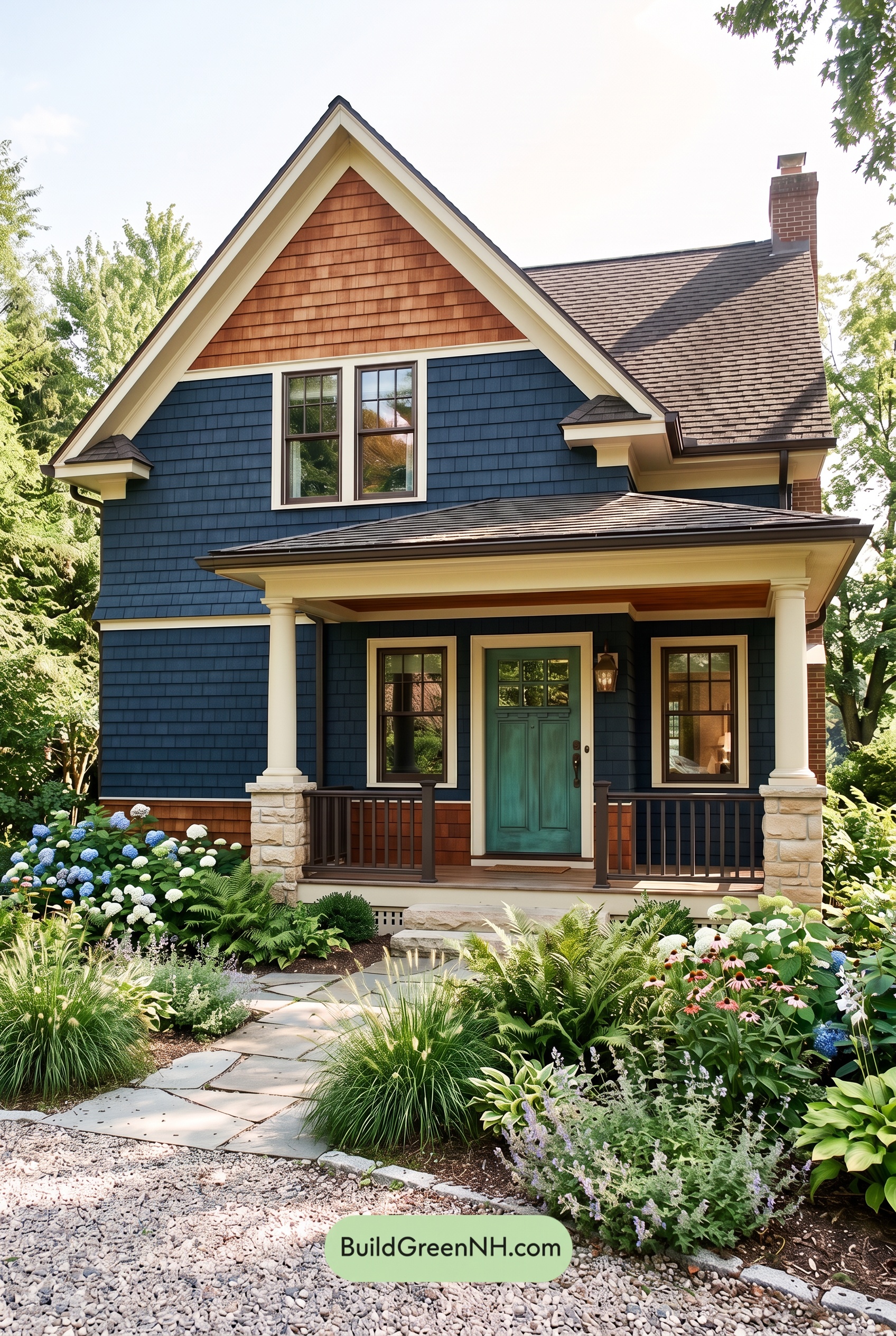 Dark Blue House Exterior with Wood Color Scheme: Ink and Copper Porch