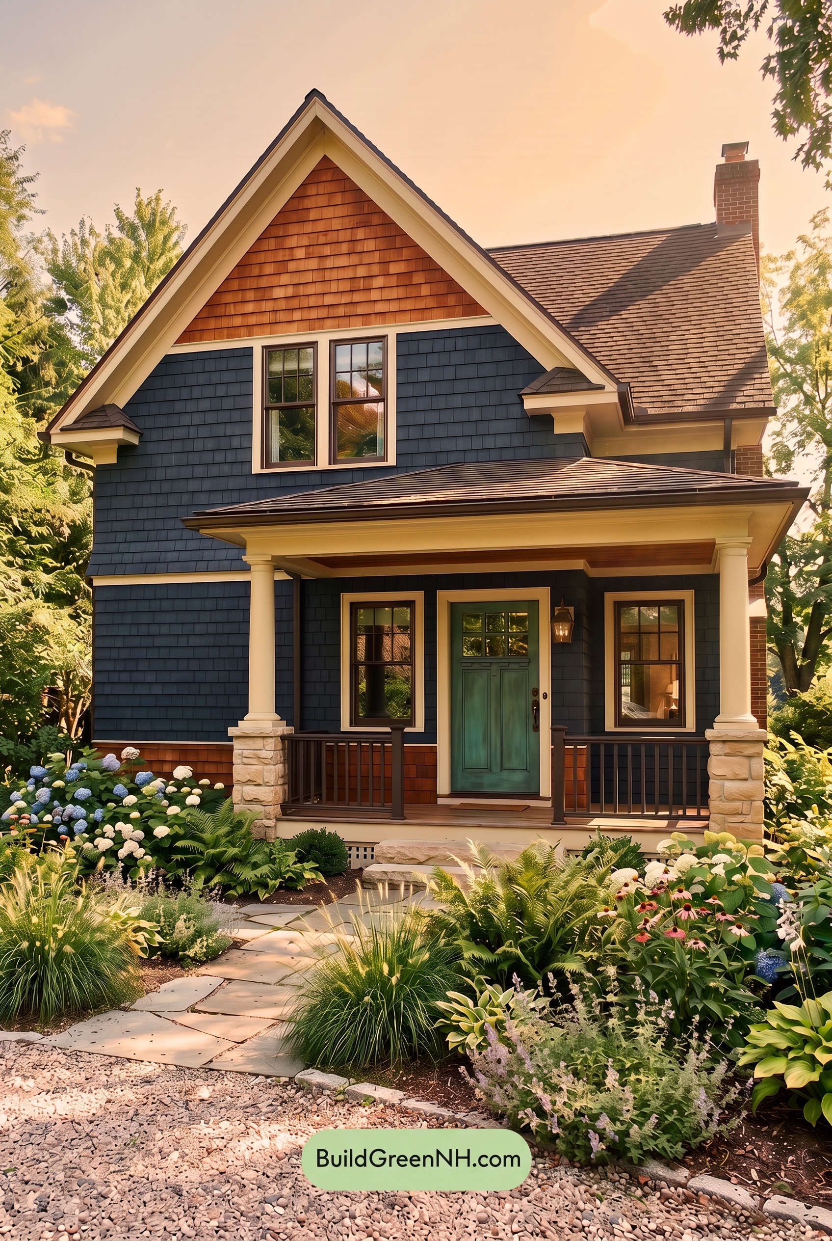 Dark Blue House Exterior with Wood Color Scheme: Ink and Copper Porch - Golden Hour