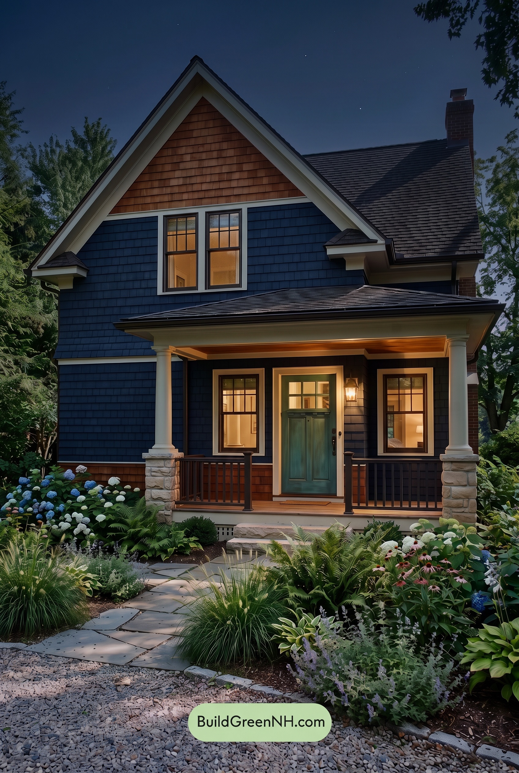 Dark Blue House Exterior with Wood Color Scheme: Ink and Copper Porch - Nighttime