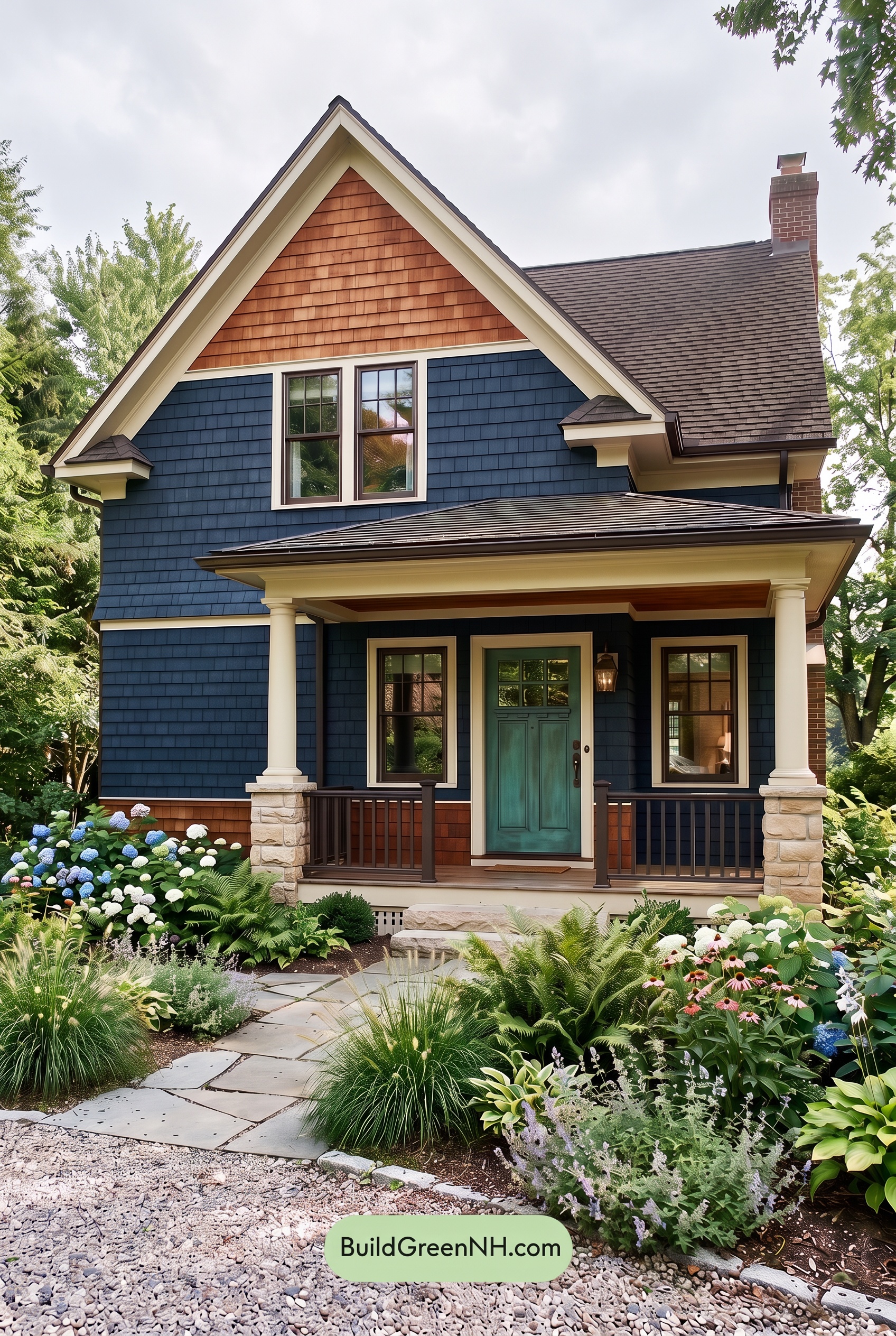 Dark Blue House Exterior with Wood Color Scheme: Ink and Copper Porch - Overcast