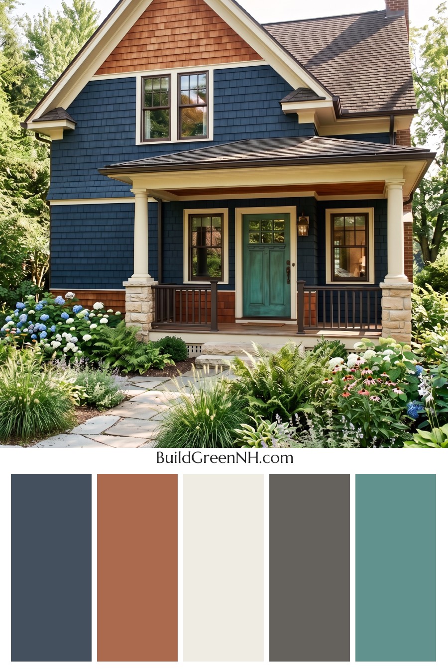 Dark Blue House Exterior with Wood Color Scheme: Ink and Copper Porch