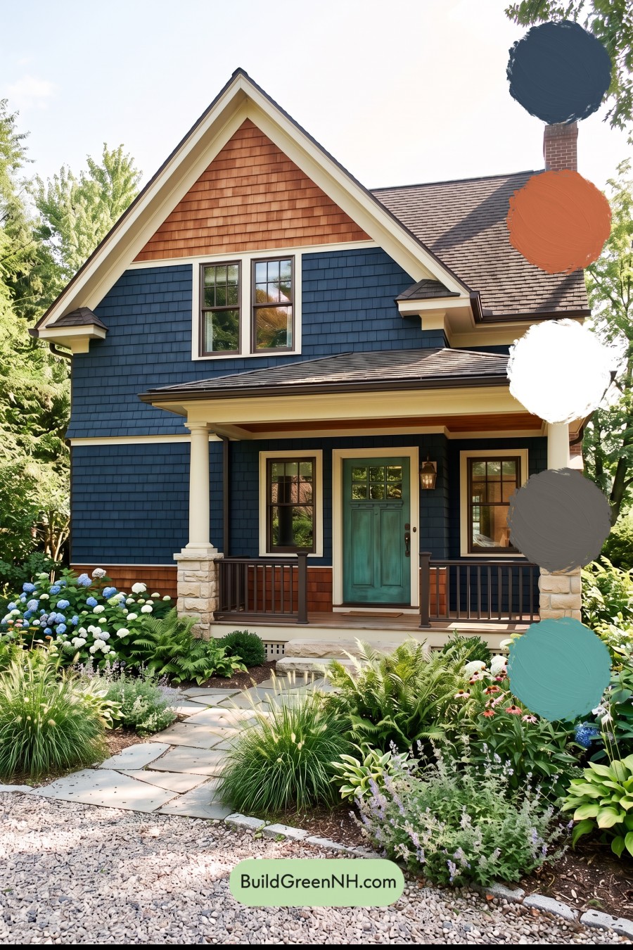Dark Blue House Exterior with Wood Color Scheme: Ink and Copper Porch