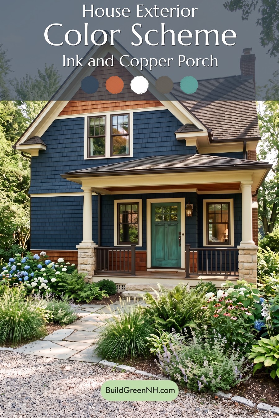 Dark Blue House Exterior with Wood Color Scheme: Ink and Copper Porch