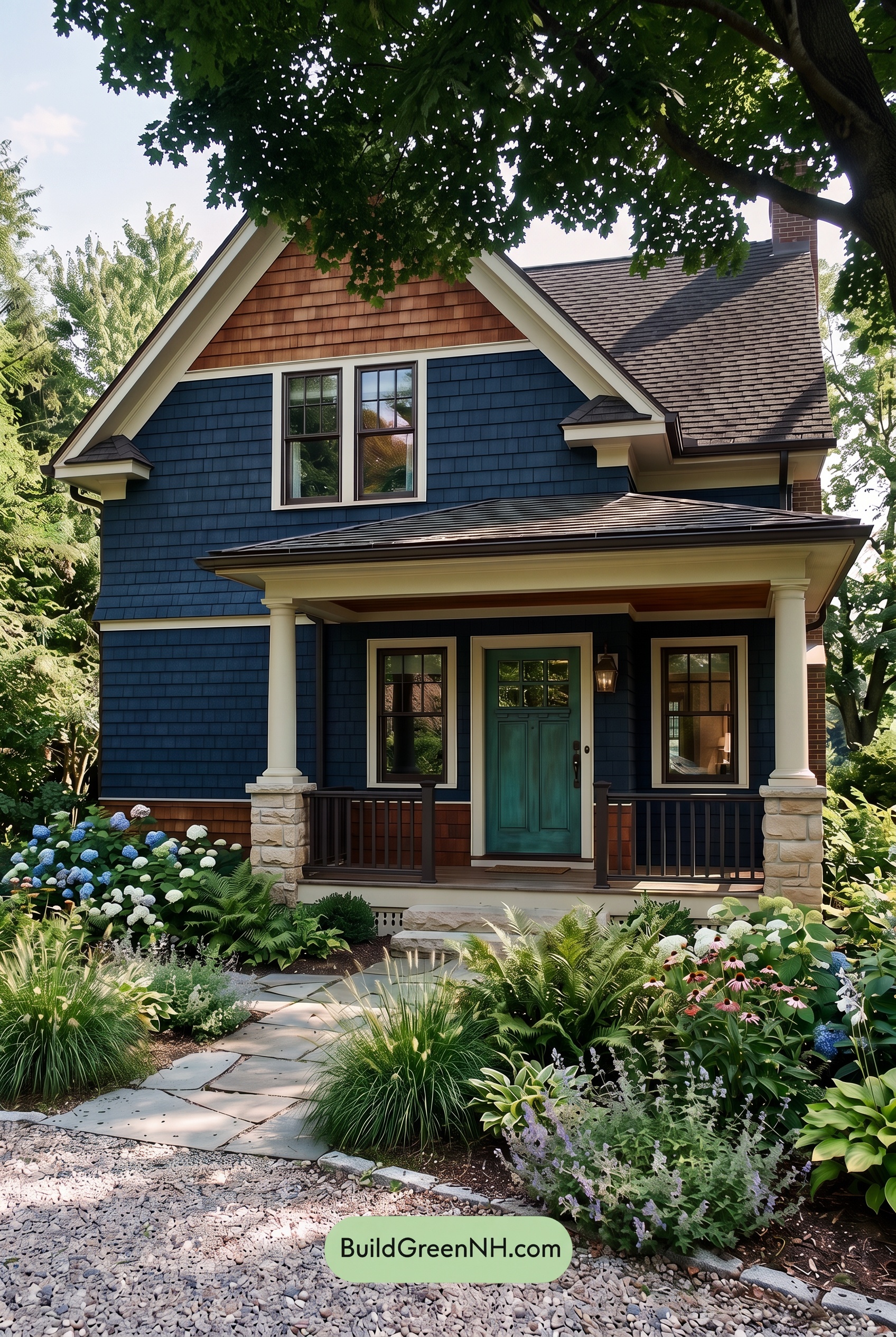 Dark Blue House Exterior with Wood Color Scheme: Ink and Copper Porch - Shade
