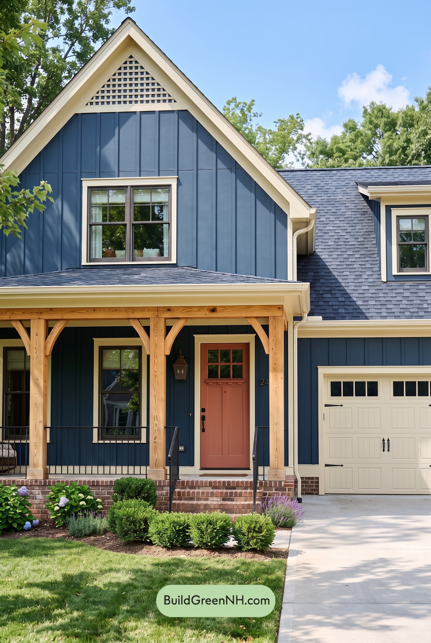 Dark Blue House Exterior with Wood Color Scheme: Ink Butter Porch