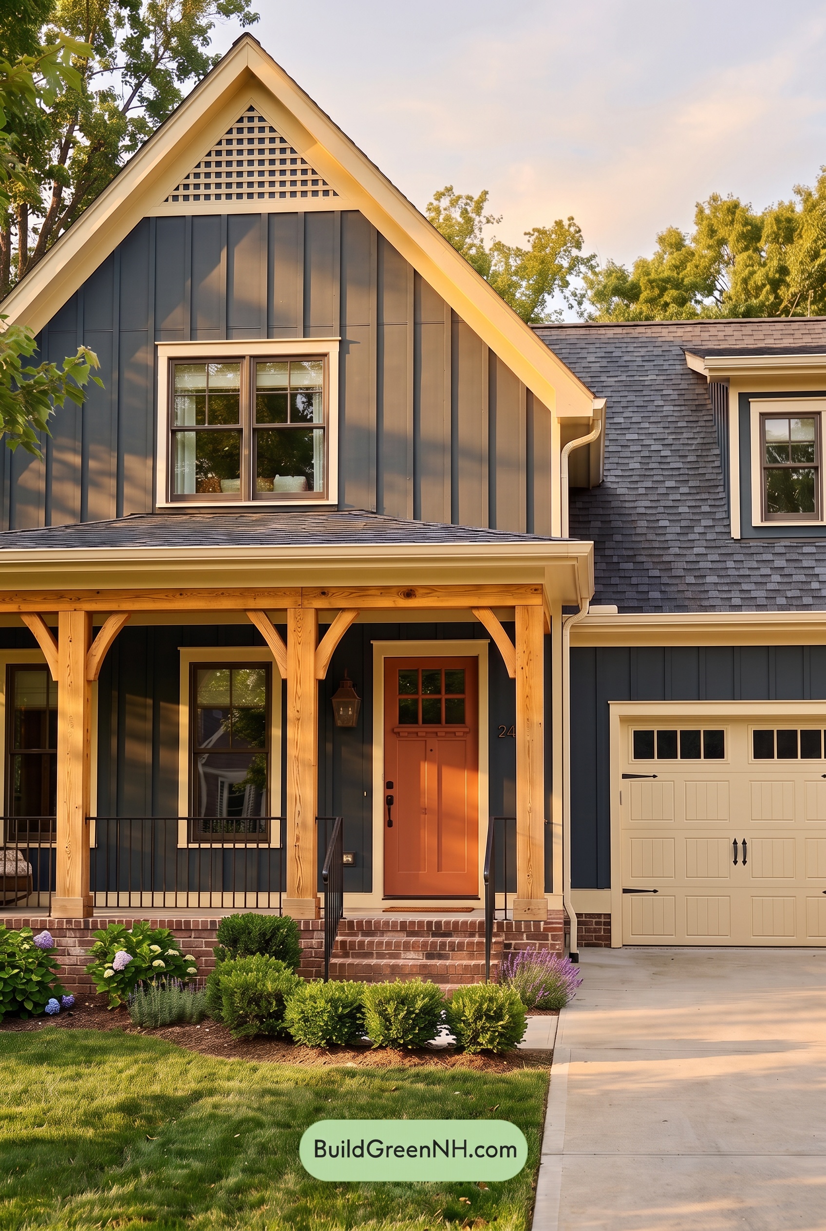 Dark Blue House Exterior with Wood Color Scheme: Ink Butter Porch - Golden Hour