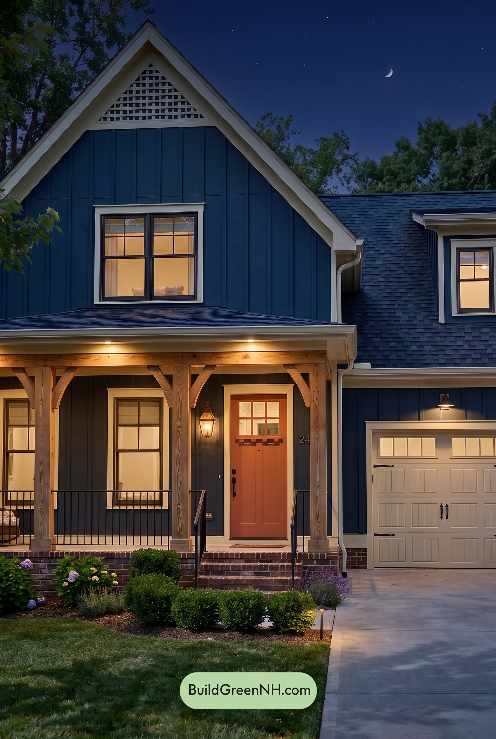Dark Blue House Exterior with Wood Color Scheme: Ink Butter Porch - Nighttime