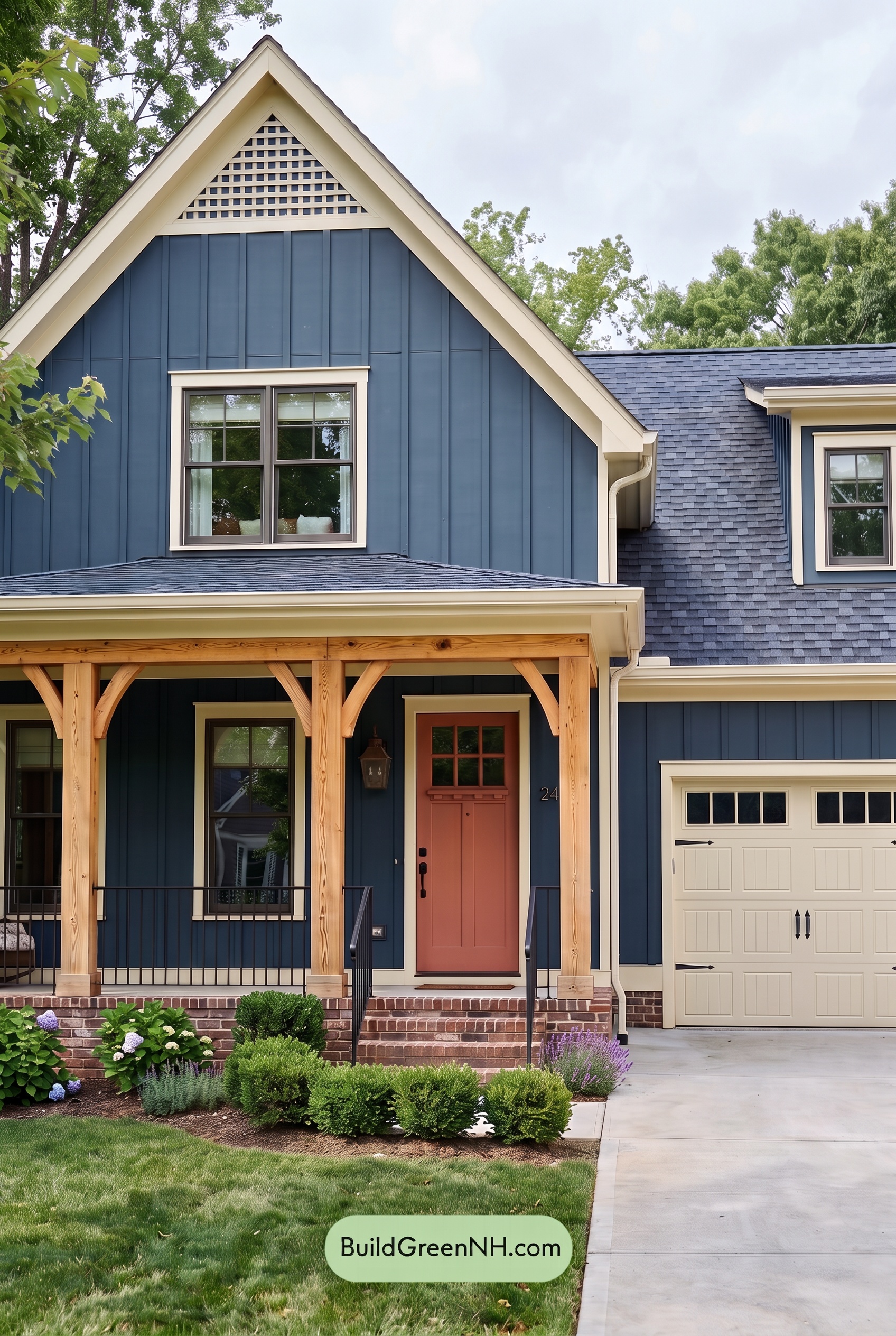 Dark Blue House Exterior with Wood Color Scheme: Ink Butter Porch - Overcast