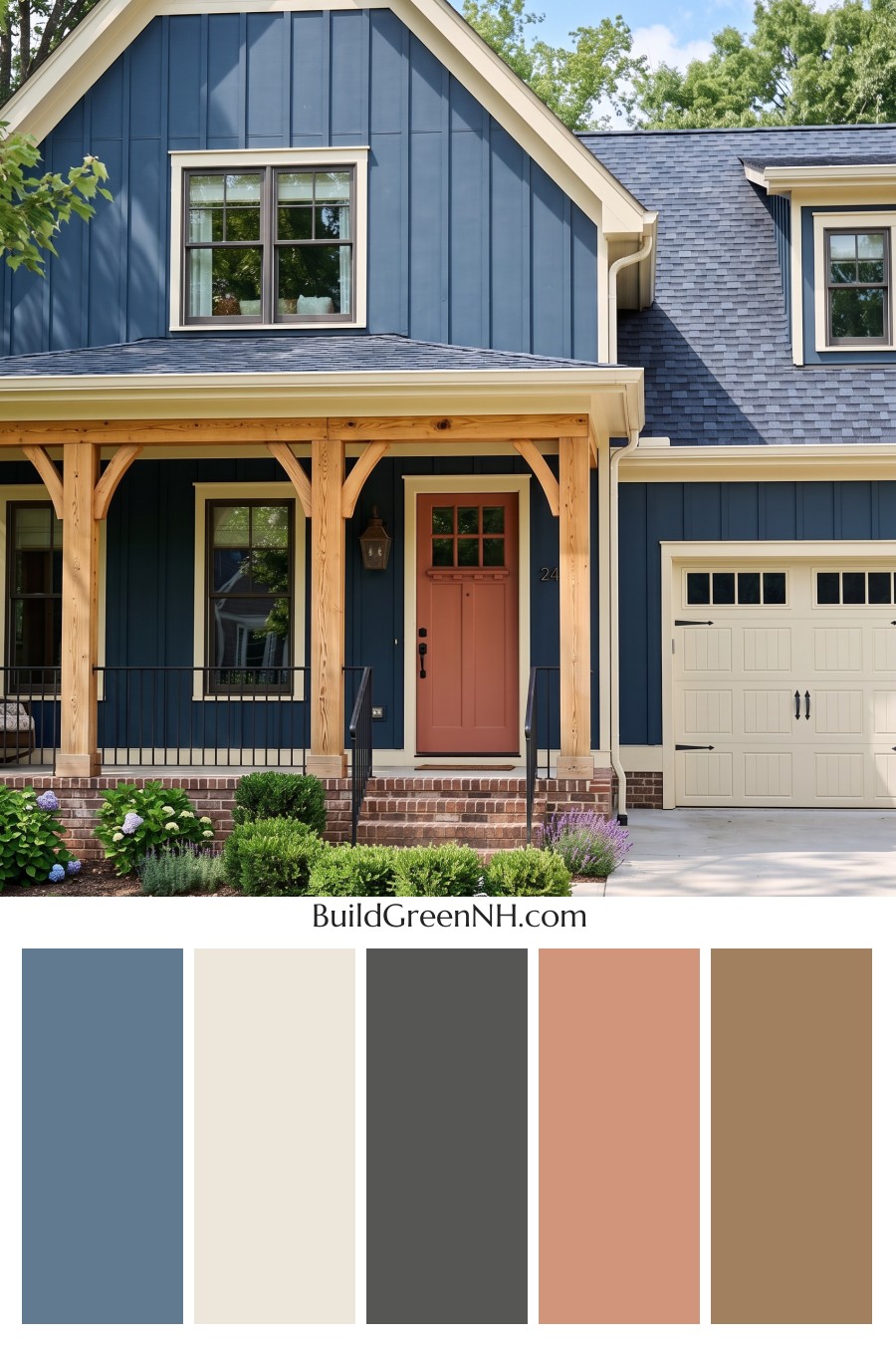 Dark Blue House Exterior with Wood Color Scheme: Ink Butter Porch