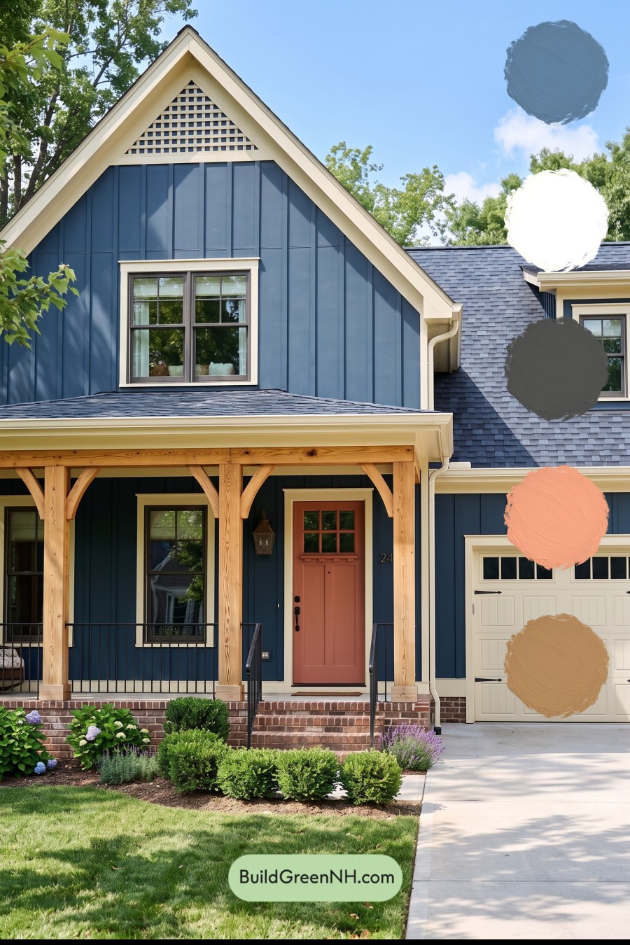 Dark Blue House Exterior with Wood Color Scheme: Ink Butter Porch