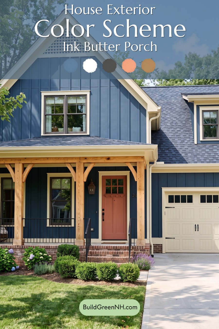 Dark Blue House Exterior with Wood Color Scheme: Ink Butter Porch