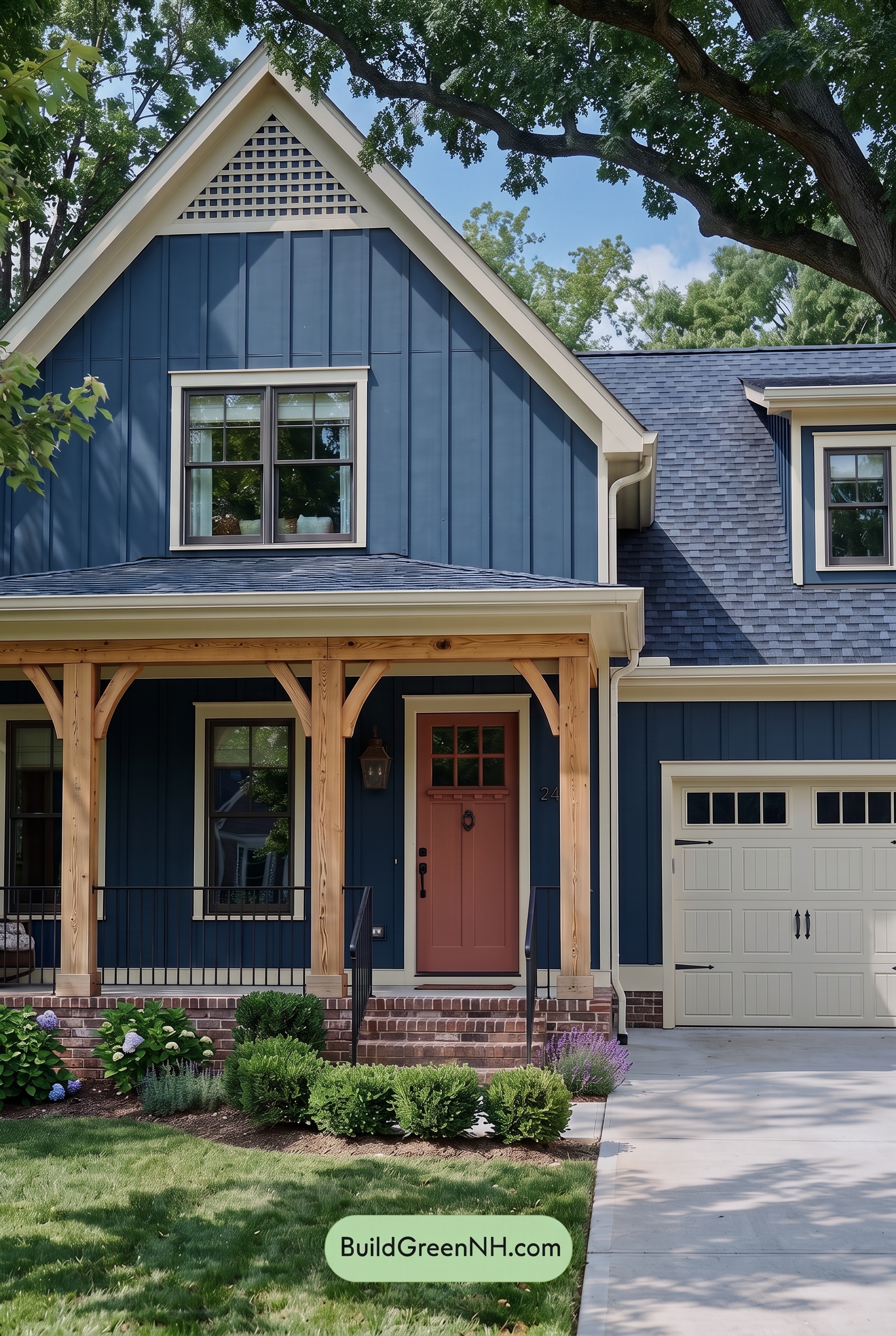 Dark Blue House Exterior with Wood Color Scheme: Ink Butter Porch - Shade