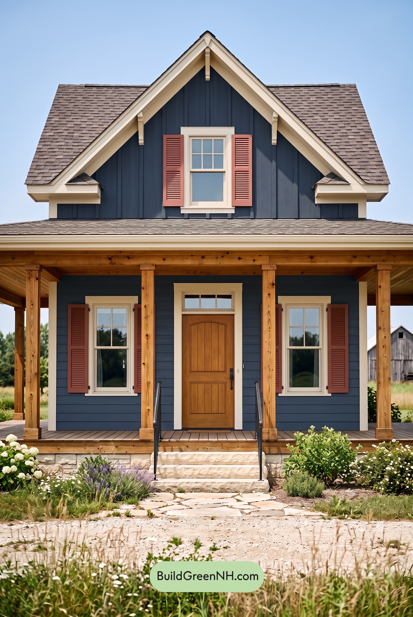 Dark Blue House Exterior with Wood Color Scheme: Ink Cedar Solace